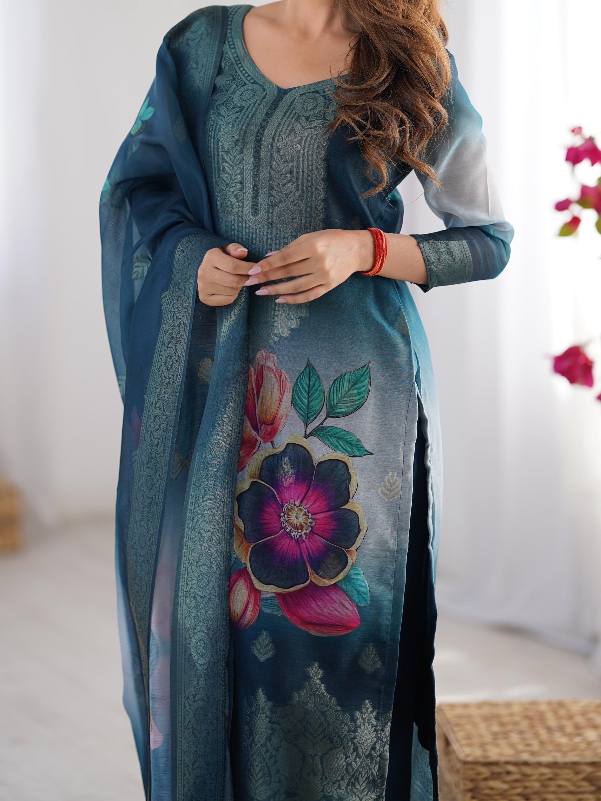 Fabulously Teal Blue Jacquard Work Chanderi Silk Traditional Pant Suit