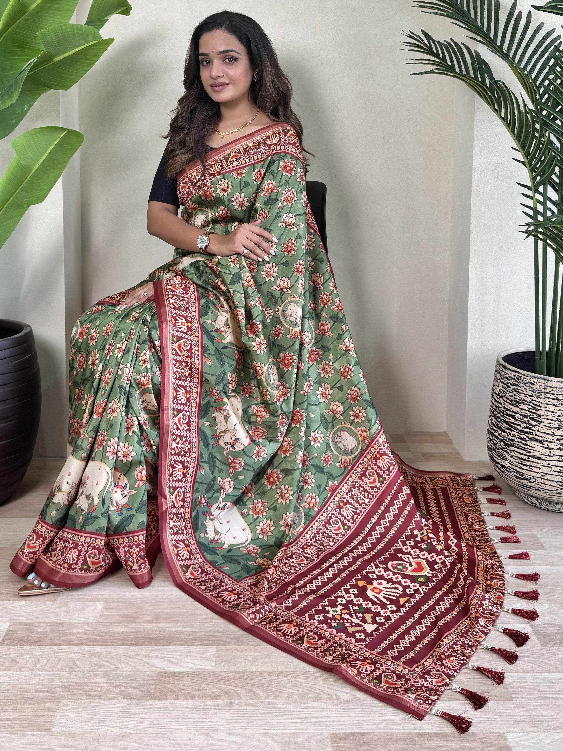 Astonishing Green Pichwai Printed Viscose Silk Traditional Saree With Blouse