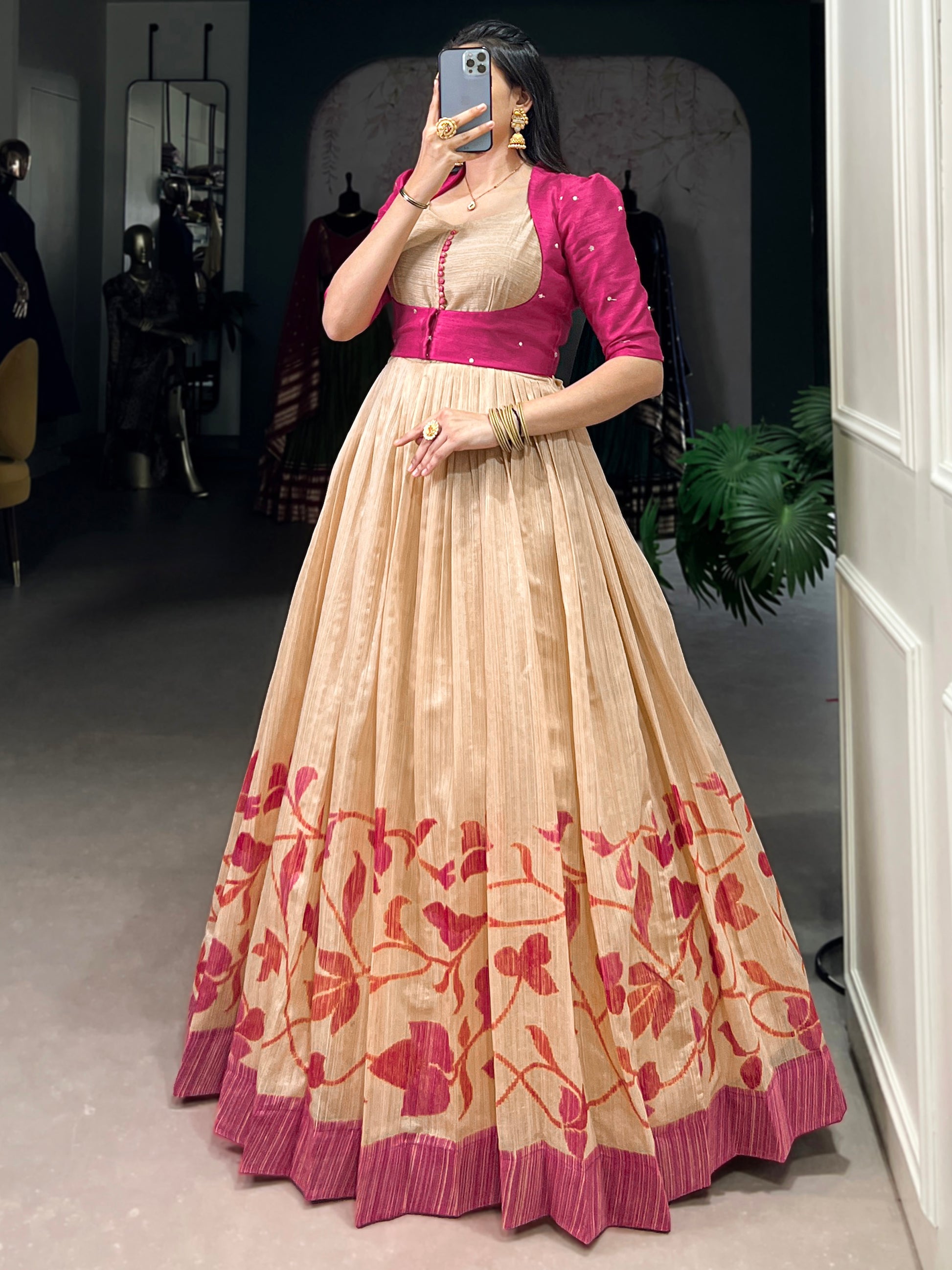 Fabulous Cream & Pink Printed Silk Event Wear Gown With Jacket