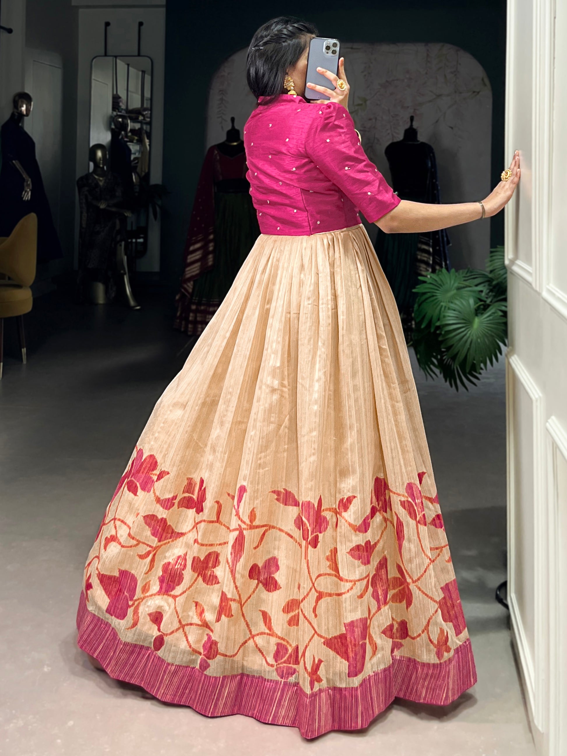Fabulous Cream & Pink Printed Silk Event Wear Gown With Jacket