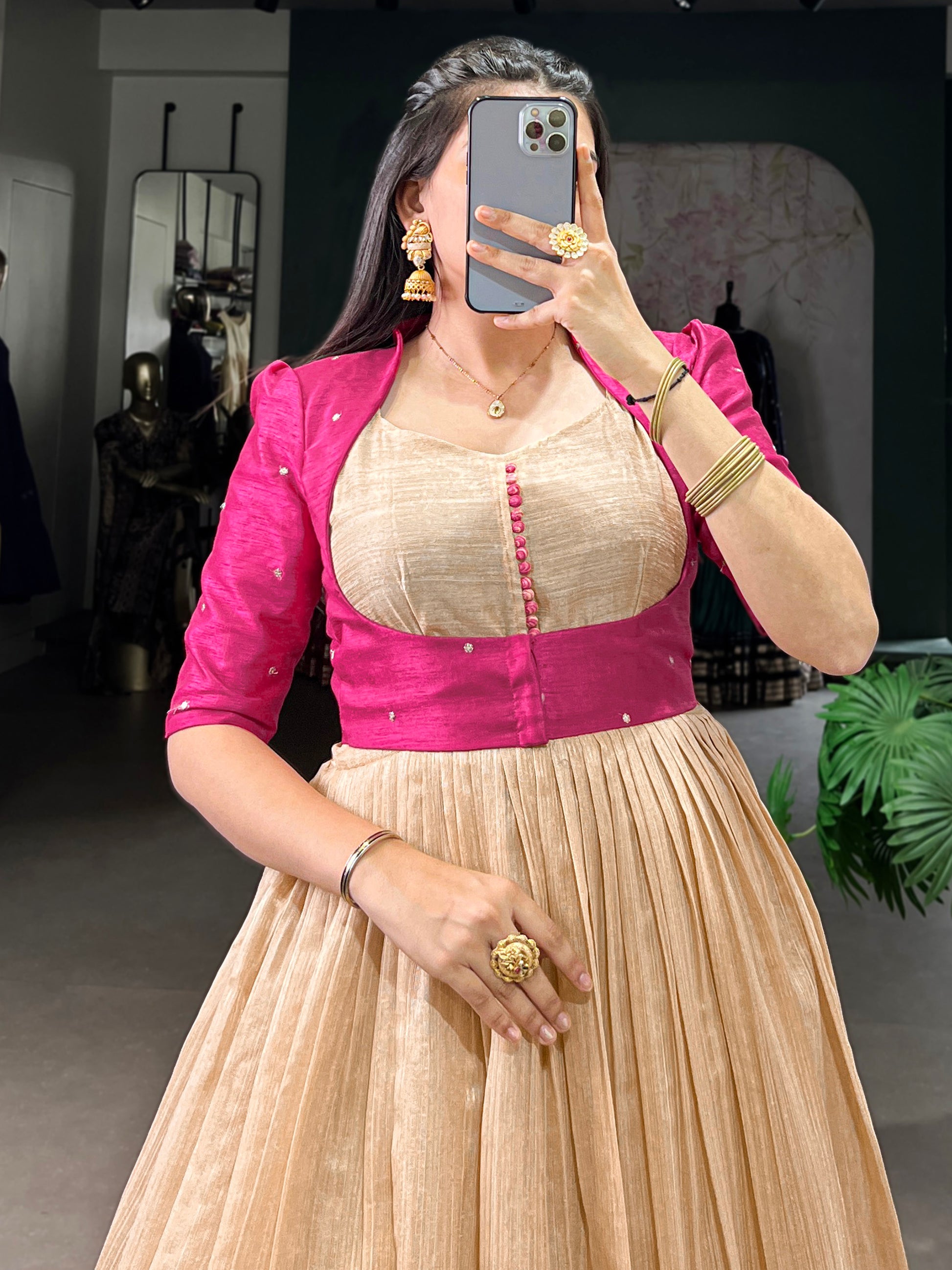 Fabulous Cream & Pink Printed Silk Event Wear Gown With Jacket