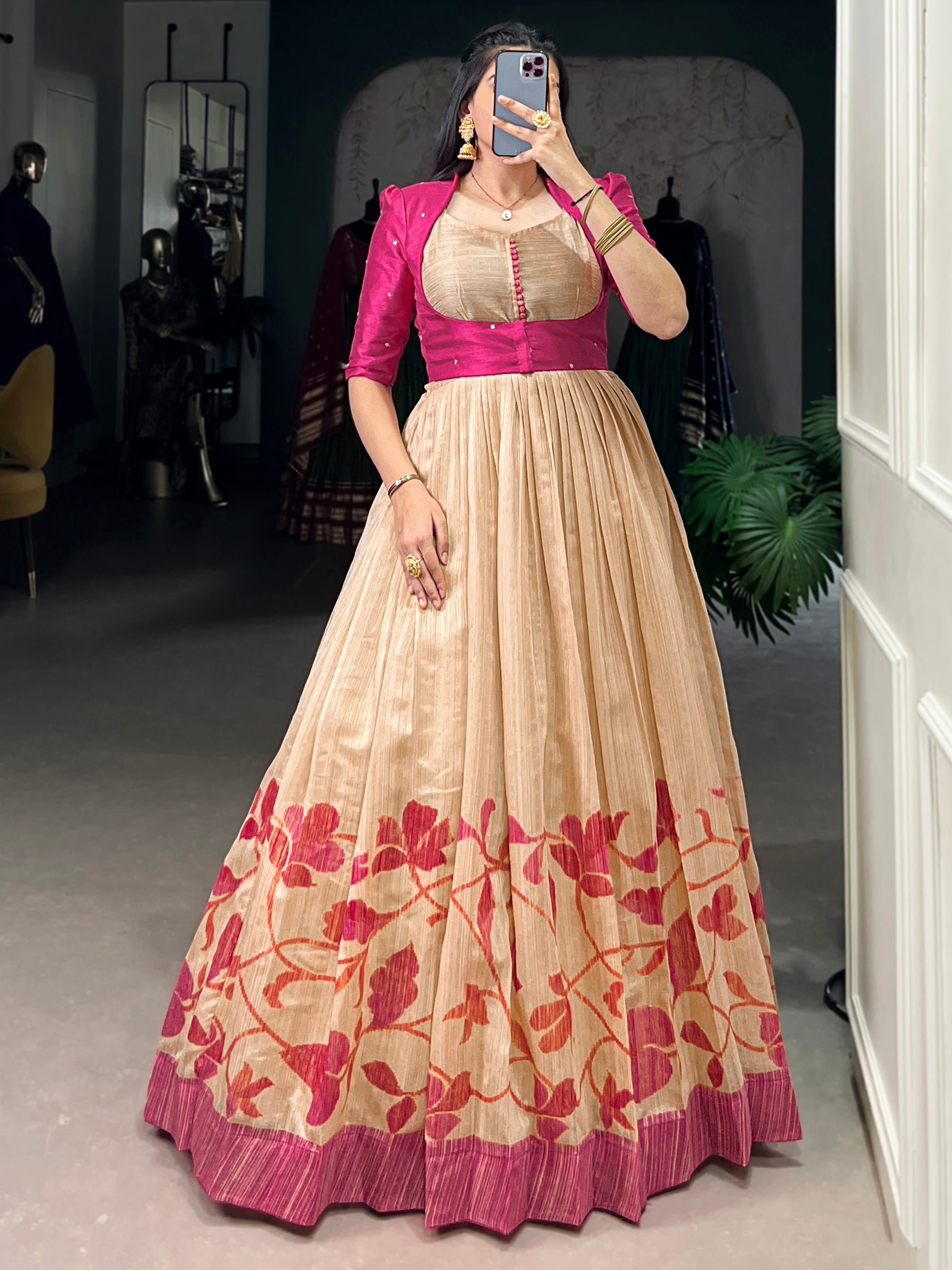Fabulous Cream & Pink Printed Silk Event Wear Gown With Jacket
