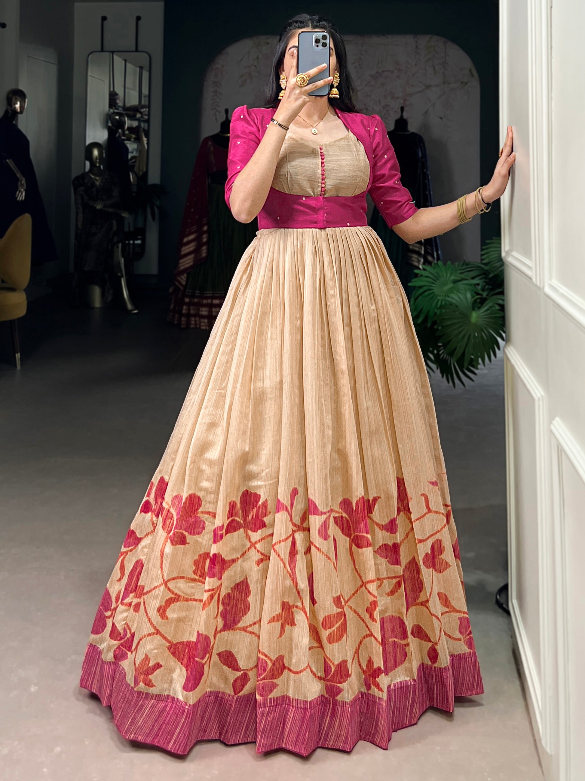 Fabulous Cream & Pink Printed Silk Event Wear Gown With Jacket