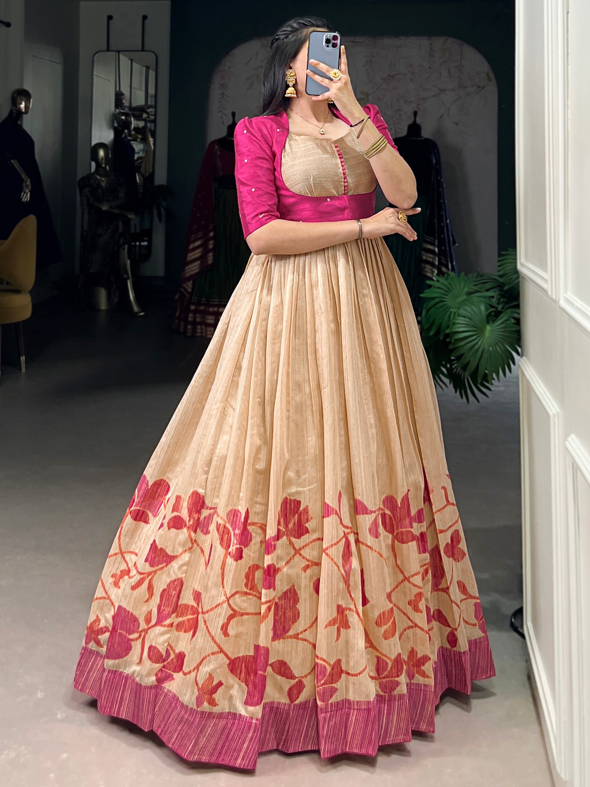 Fabulous Cream & Pink Printed Silk Event Wear Gown With Jacket