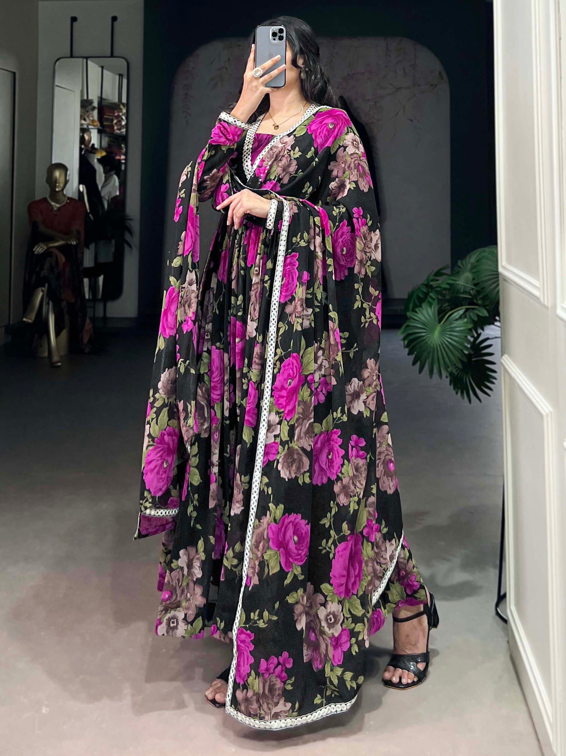 Attractive Black Floral Printed Georgette Event Wear Gown With Dupatta