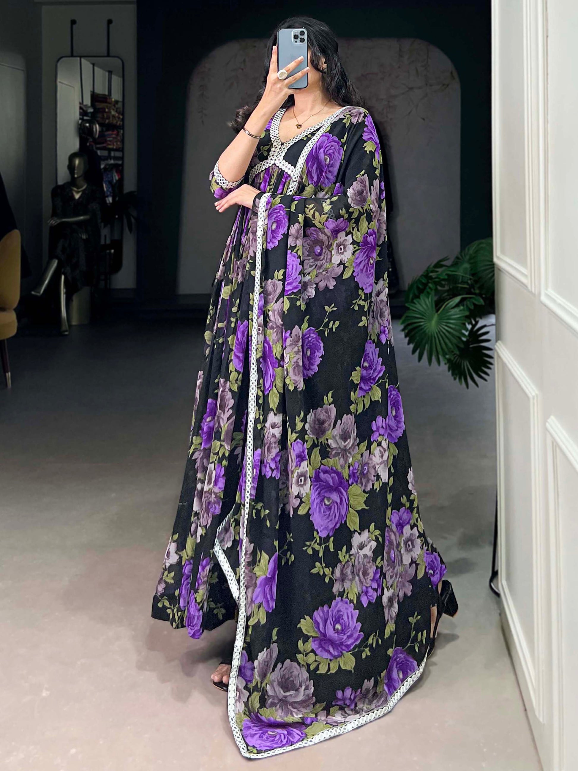 Stunning Black Floral Printed Georgette Traditional Gown With Dupatta