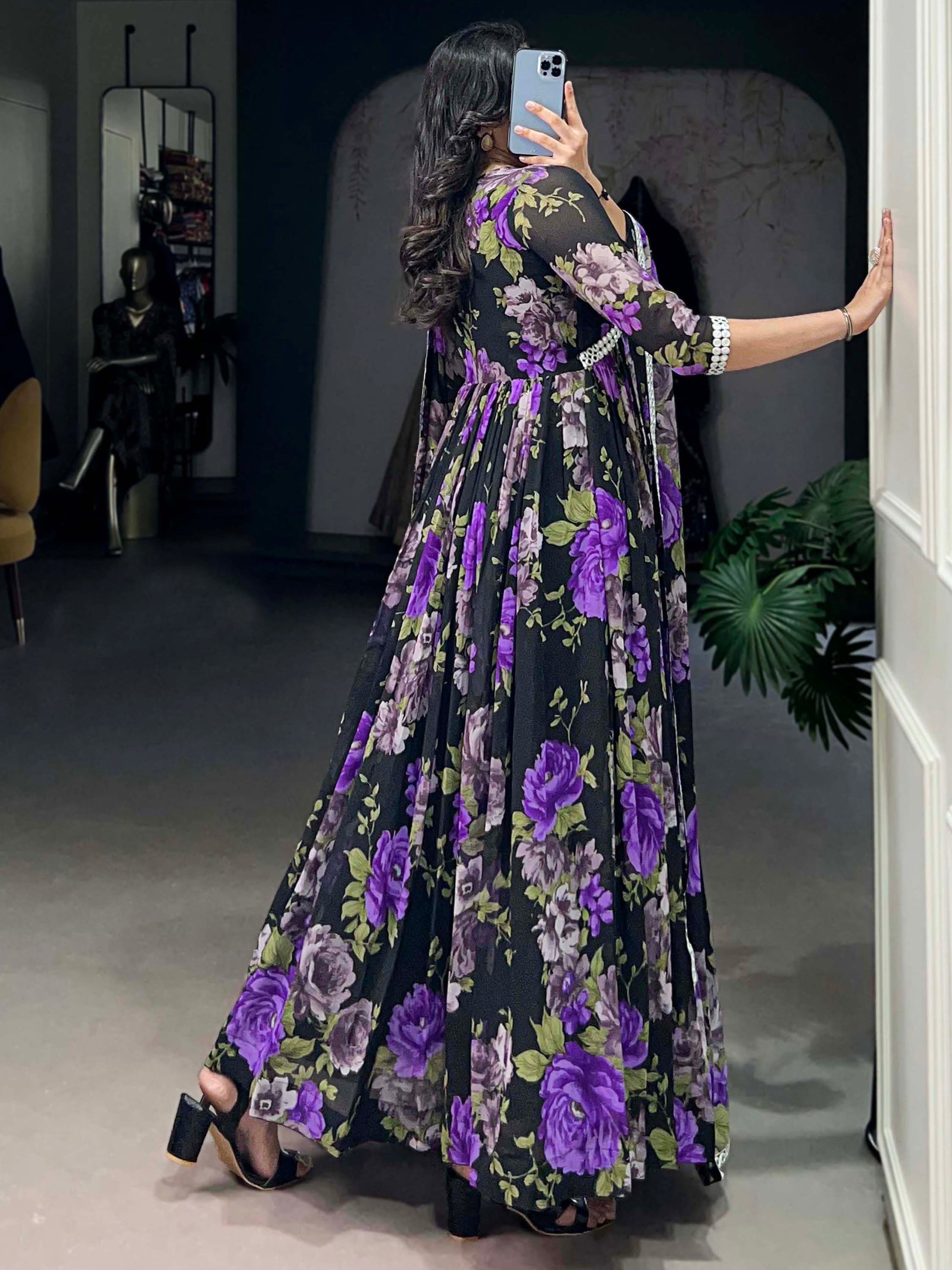 Stunning Black Floral Printed Georgette Traditional Gown With Dupatta