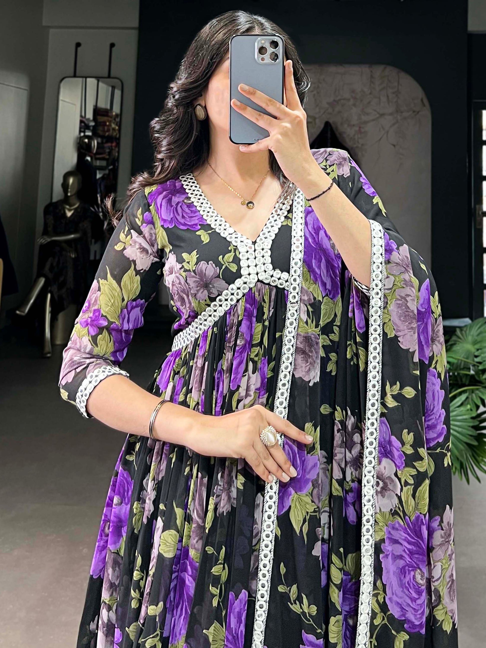 Stunning Black Floral Printed Georgette Traditional Gown With Dupatta