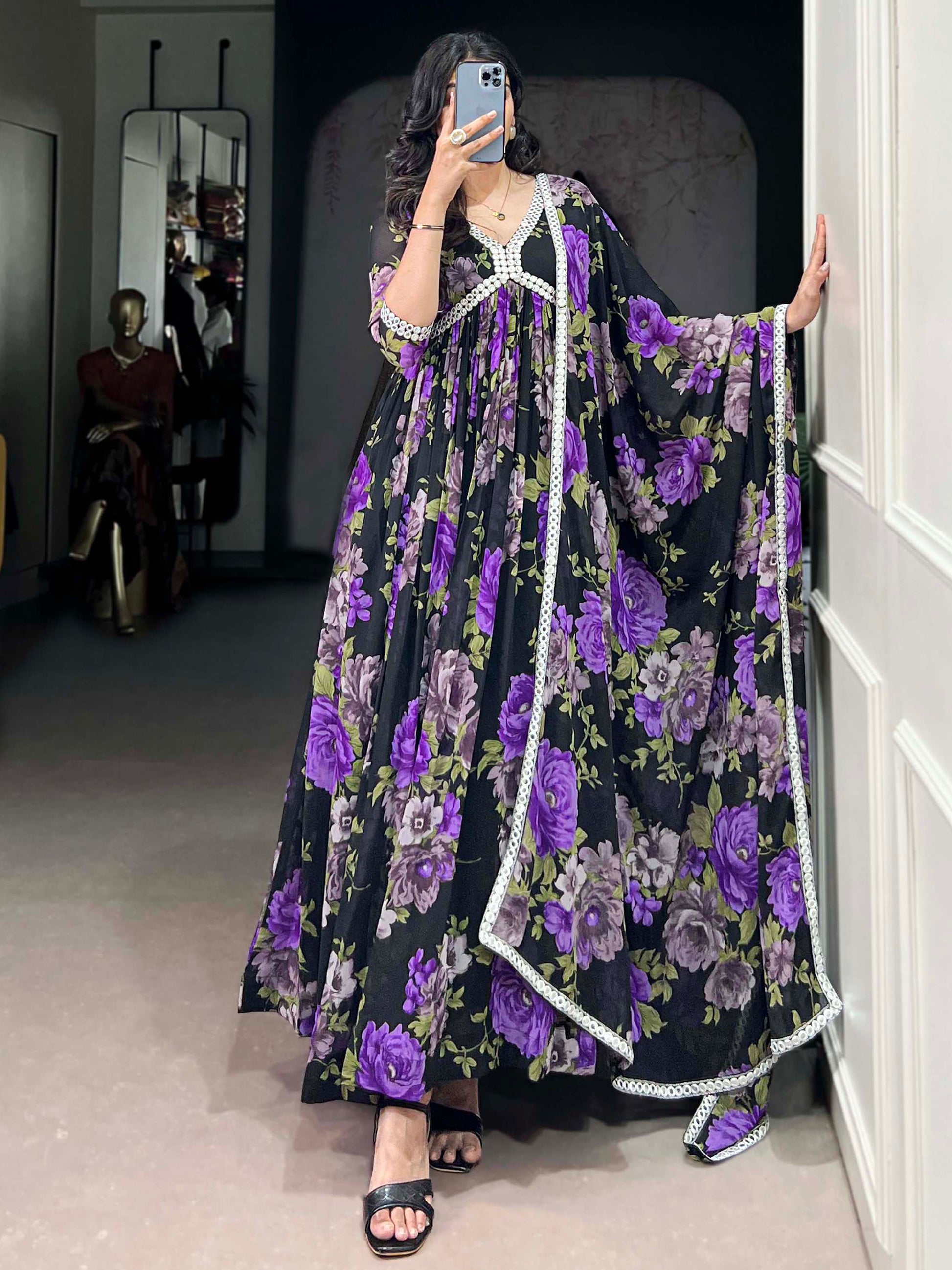 Stunning Black Floral Printed Georgette Traditional Gown With Dupatta