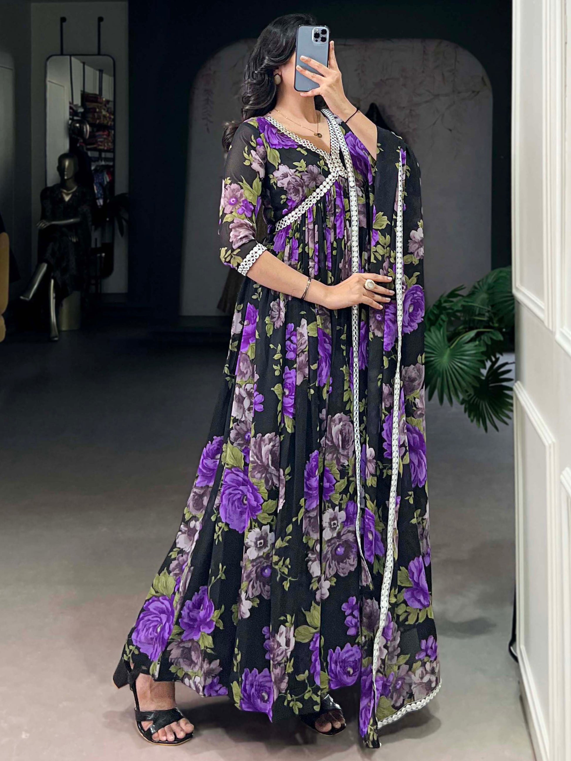 Stunning Black Floral Printed Georgette Traditional Gown With Dupatta