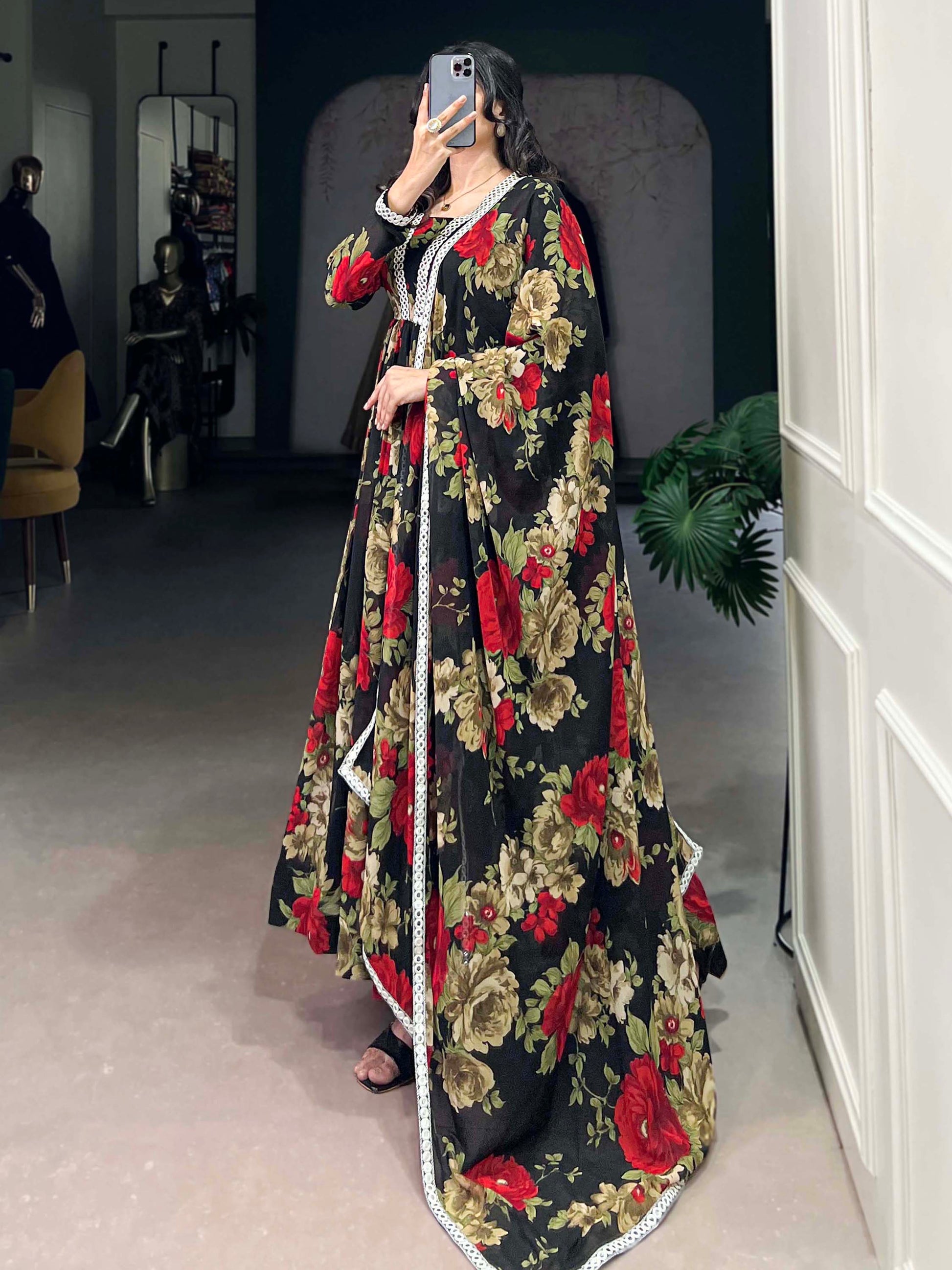 Spectacular Black Floral Printed Georgette Festival Wear Gown