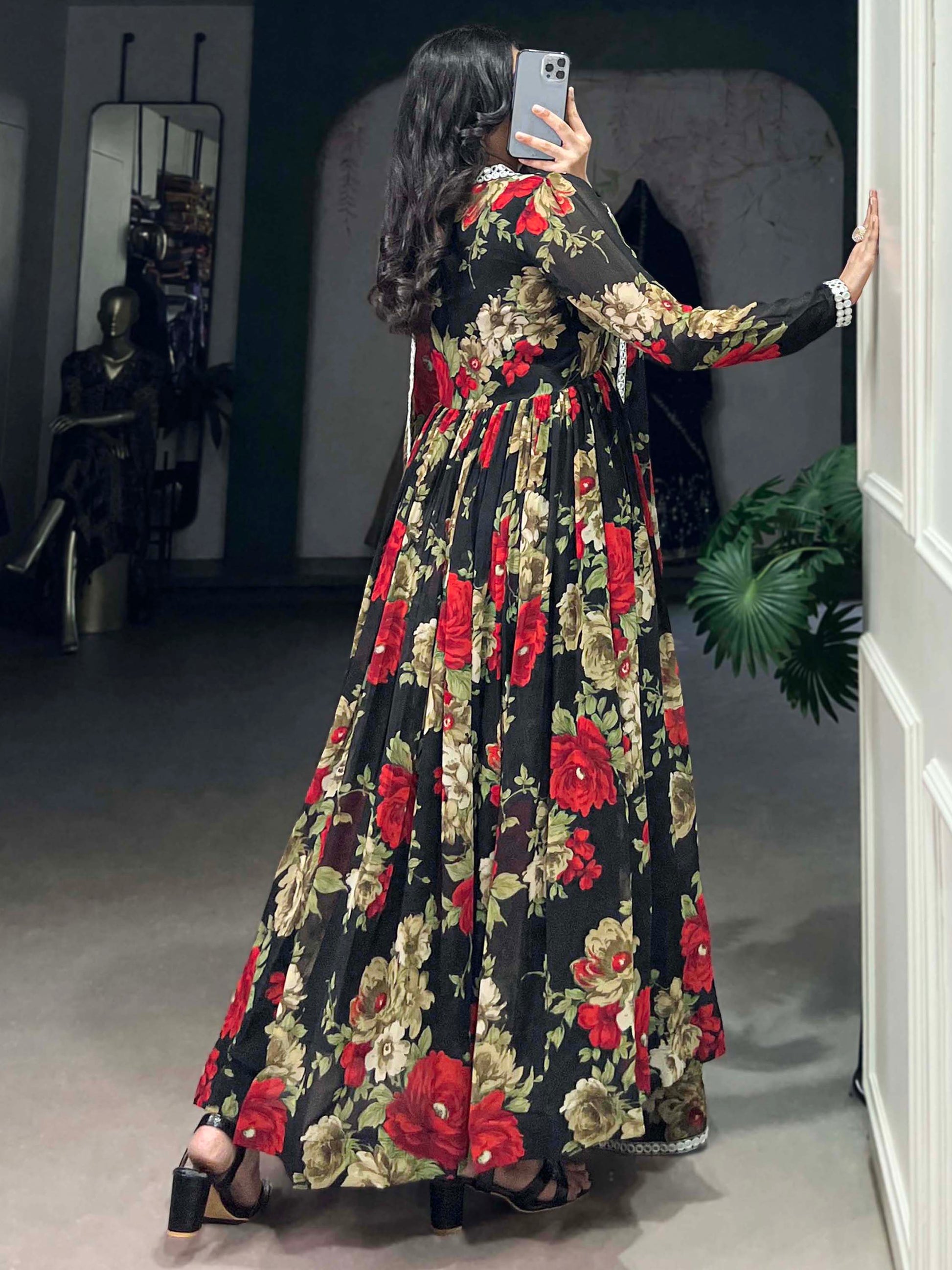 Spectacular Black Floral Printed Georgette Festival Wear Gown