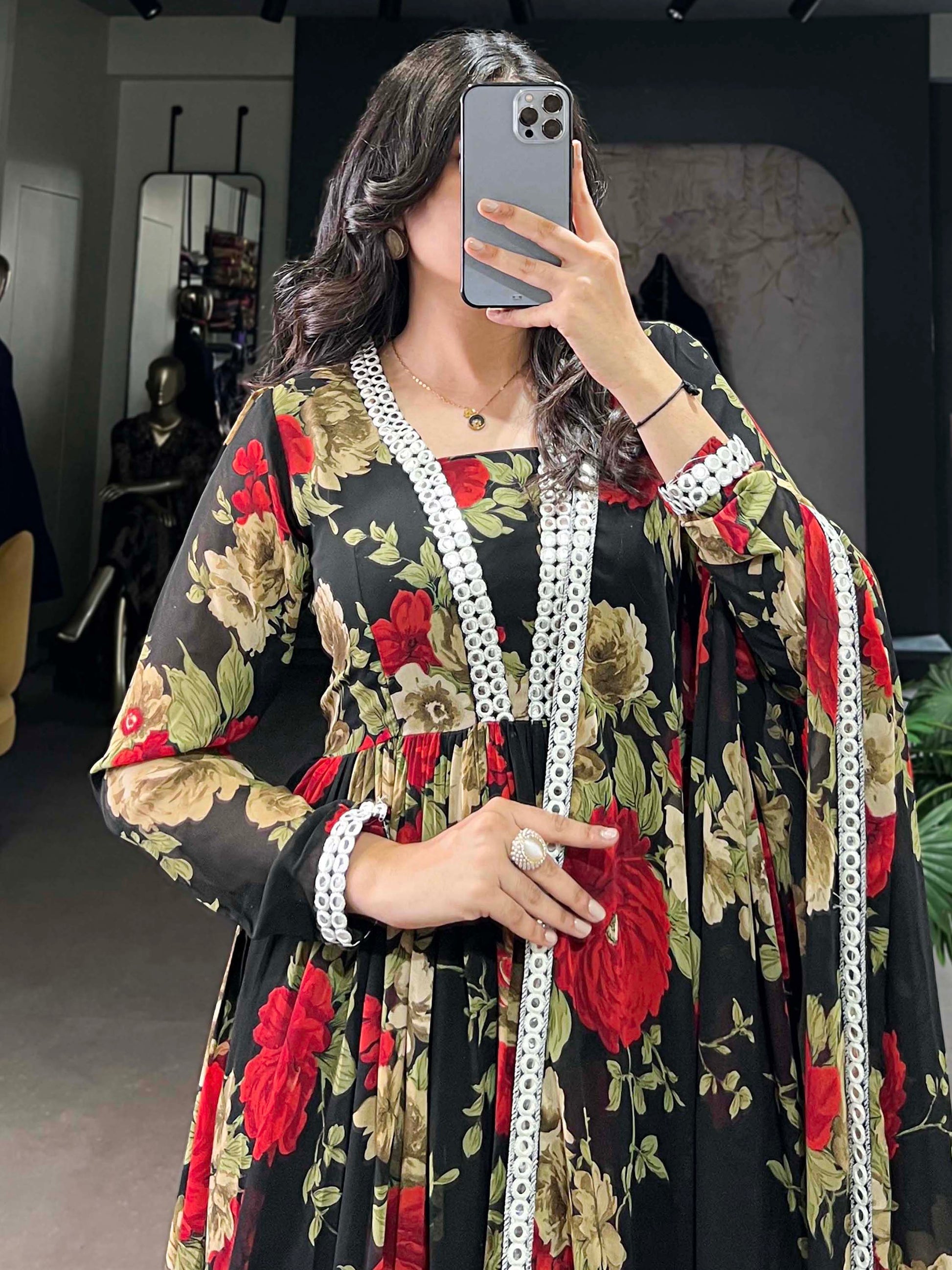 Spectacular Black Floral Printed Georgette Festival Wear Gown
