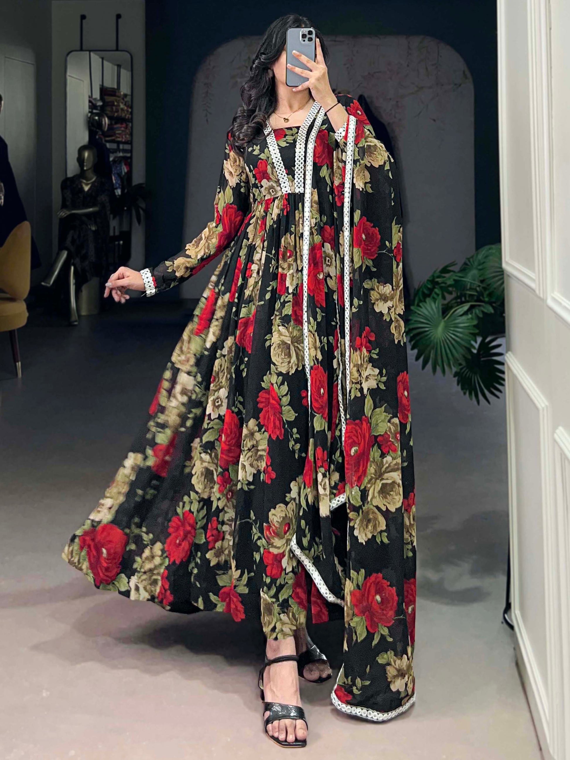 Spectacular Black Floral Printed Georgette Festival Wear Gown
