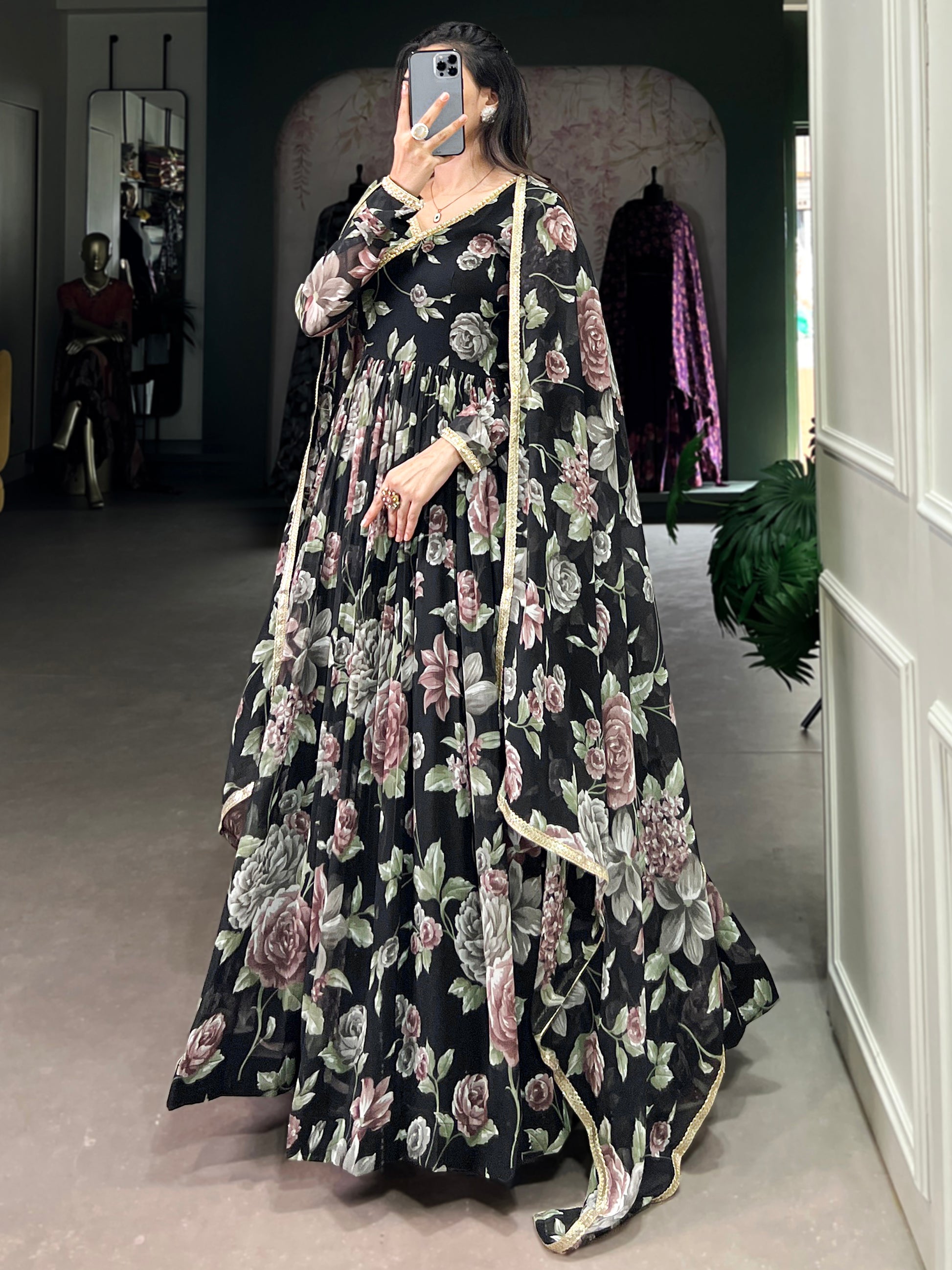 Stunning Black Floral Printed Georgette Festive Wear Gown