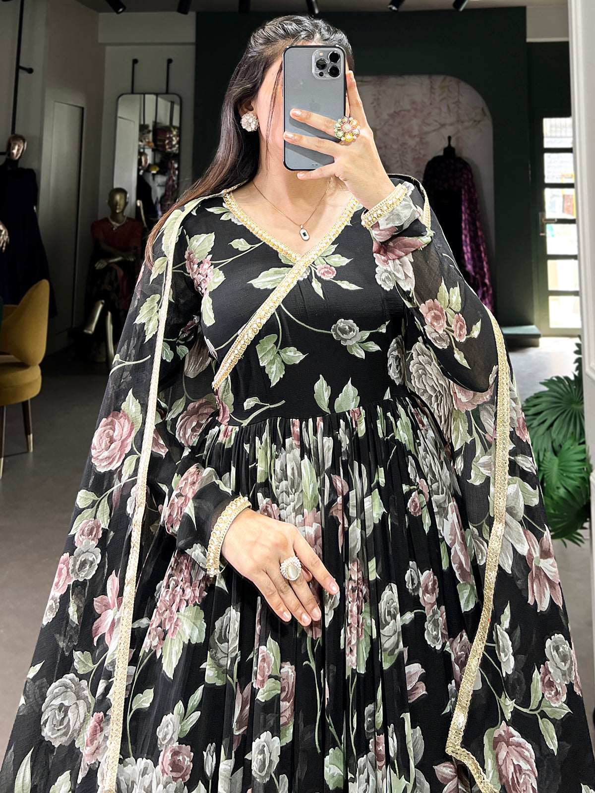 Stunning Black Floral Printed Georgette Festive Wear Gown