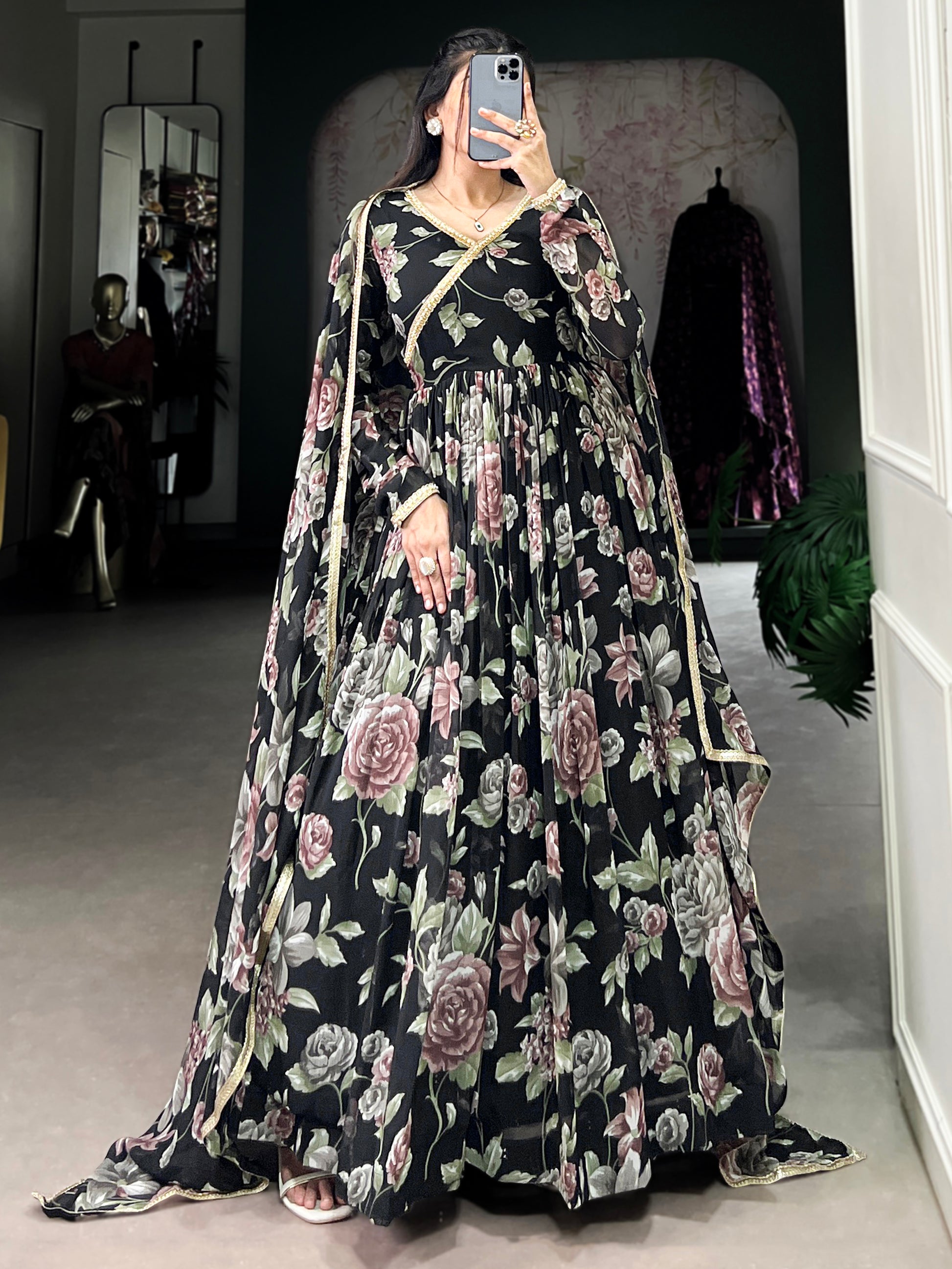 Stunning Black Floral Printed Georgette Festive Wear Gown