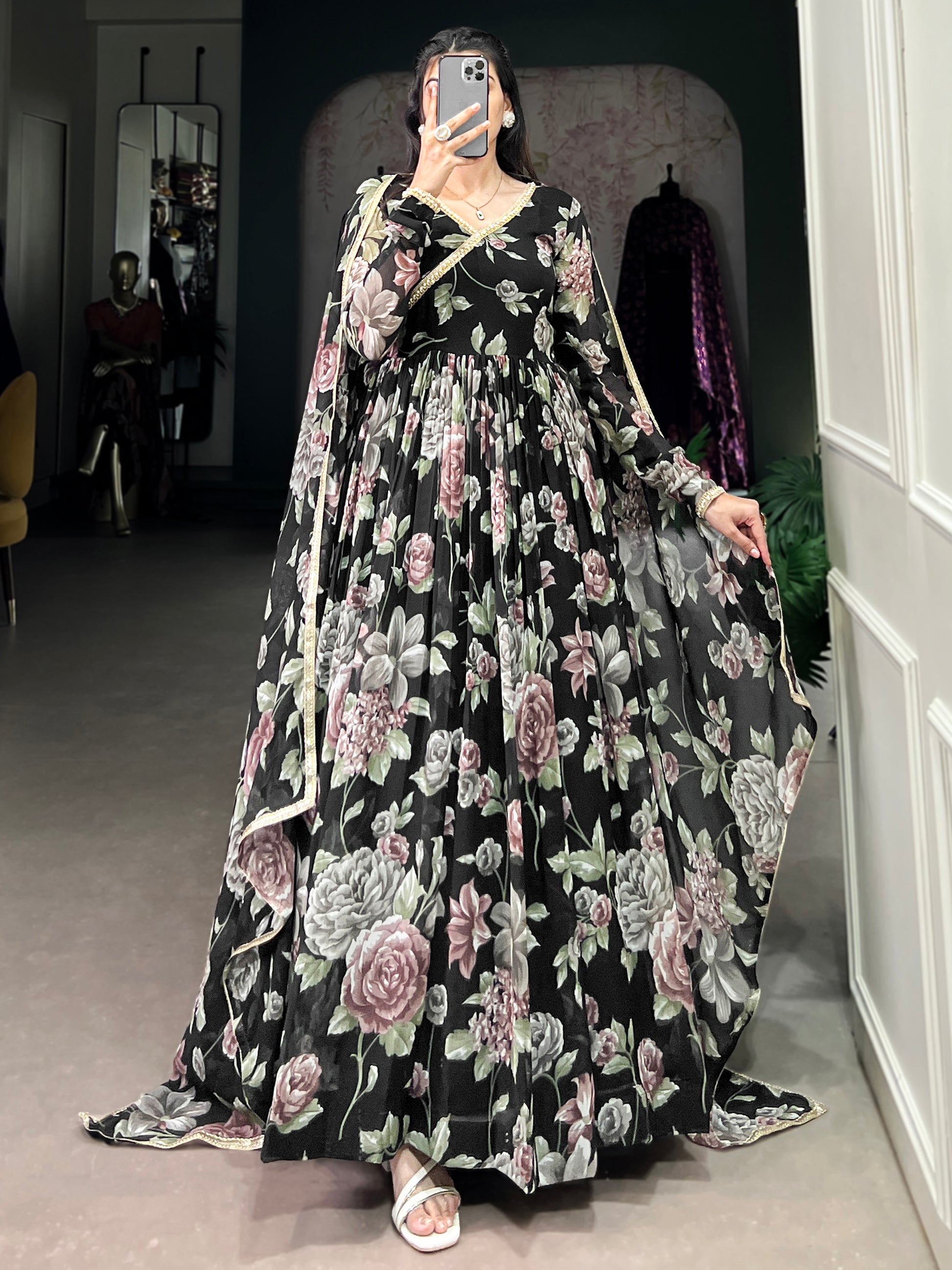 Stunning Black Floral Printed Georgette Festive Wear Gown