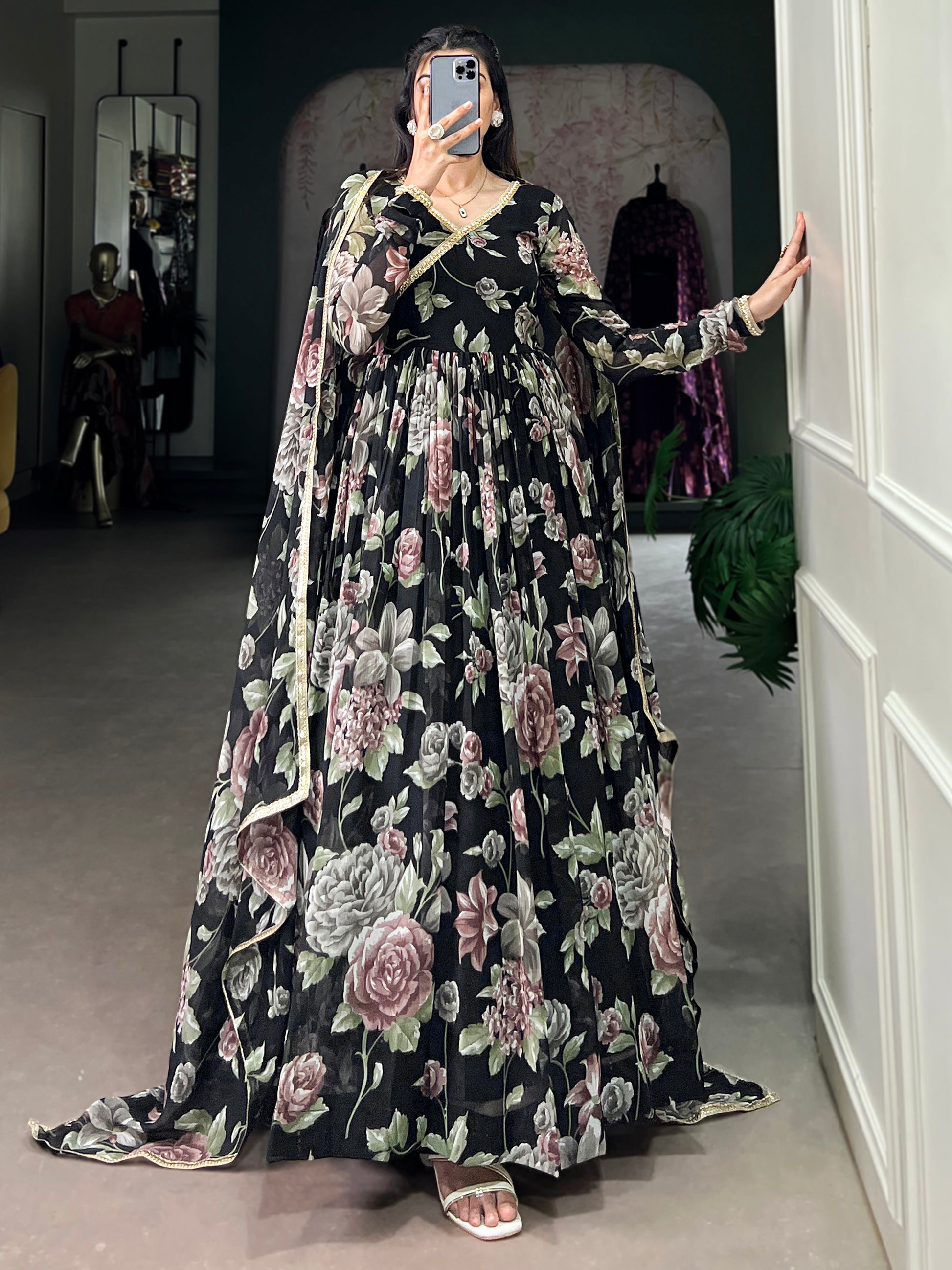 Stunning Black Floral Printed Georgette Festive Wear Gown
