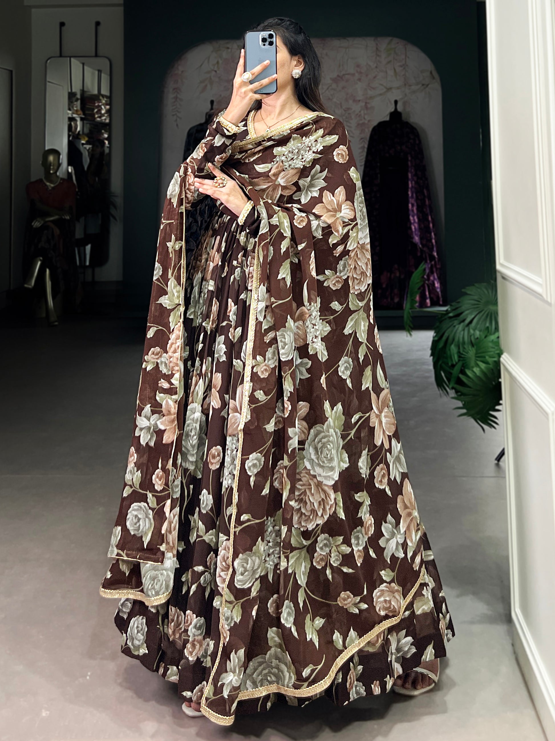 Fascinating Brown Floral Printed Georgette Evening Wear Gown With Dupatta