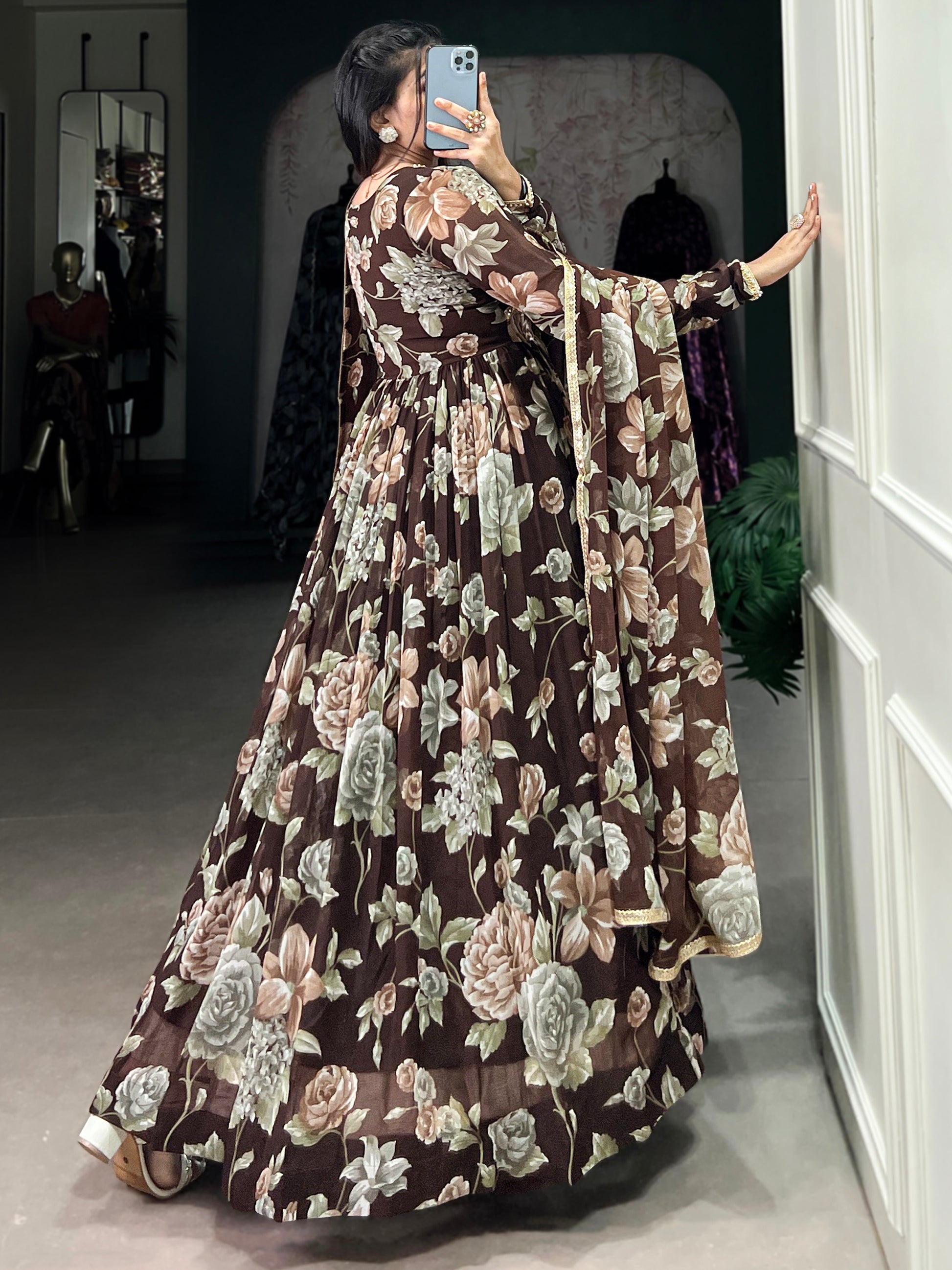 Fascinating Brown Floral Printed Georgette Evening Wear Gown With Dupatta