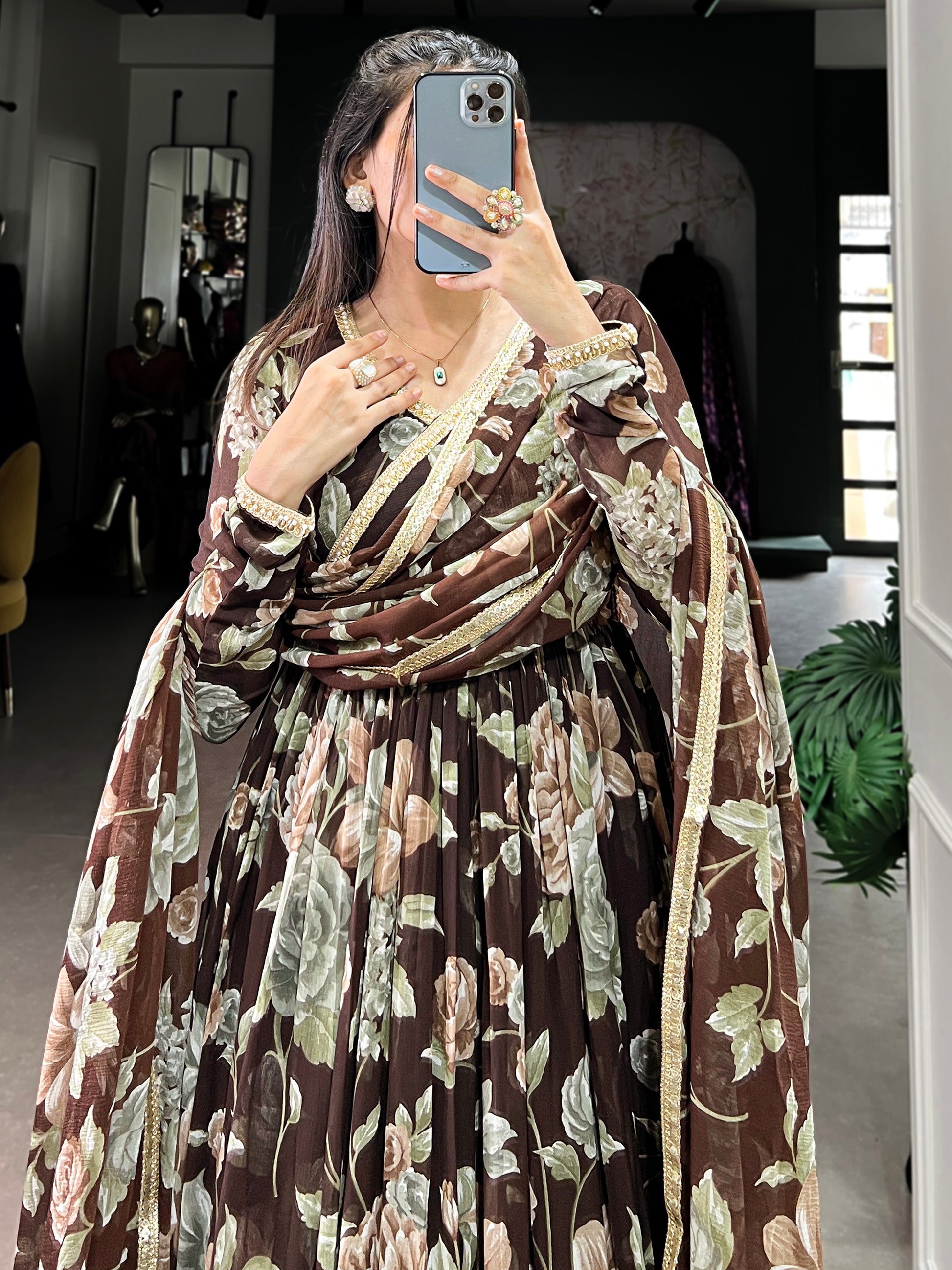 Fascinating Brown Floral Printed Georgette Evening Wear Gown With Dupatta