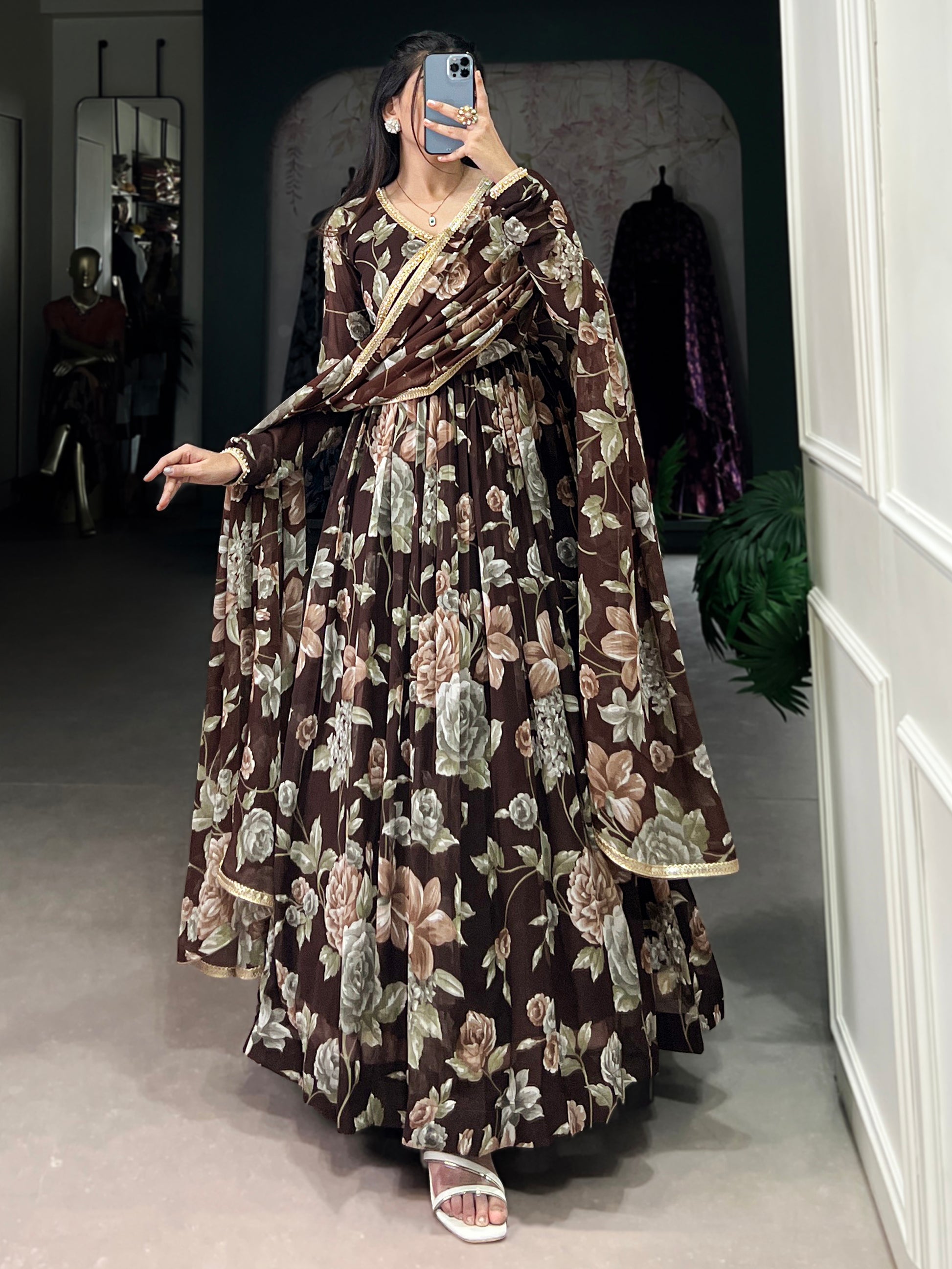 Fascinating Brown Floral Printed Georgette Evening Wear Gown With Dupatta