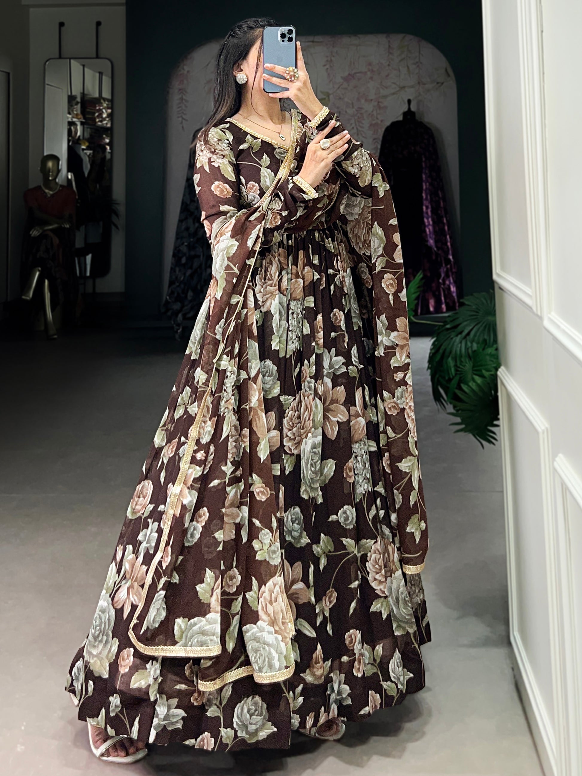 Fascinating Brown Floral Printed Georgette Evening Wear Gown With Dupatta