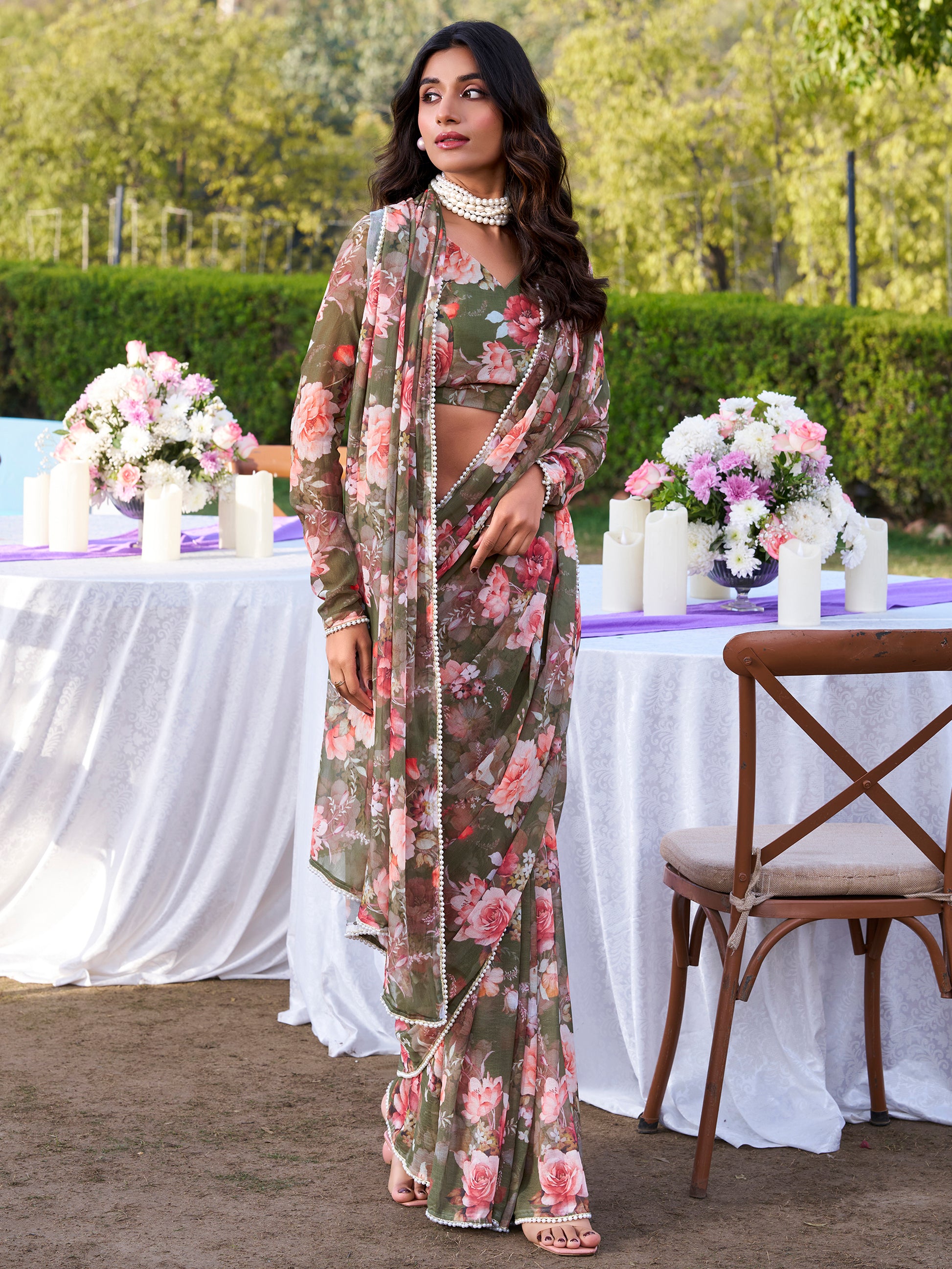 Captivating Olive Green Floral Printed Chiffon Event Wear Saree