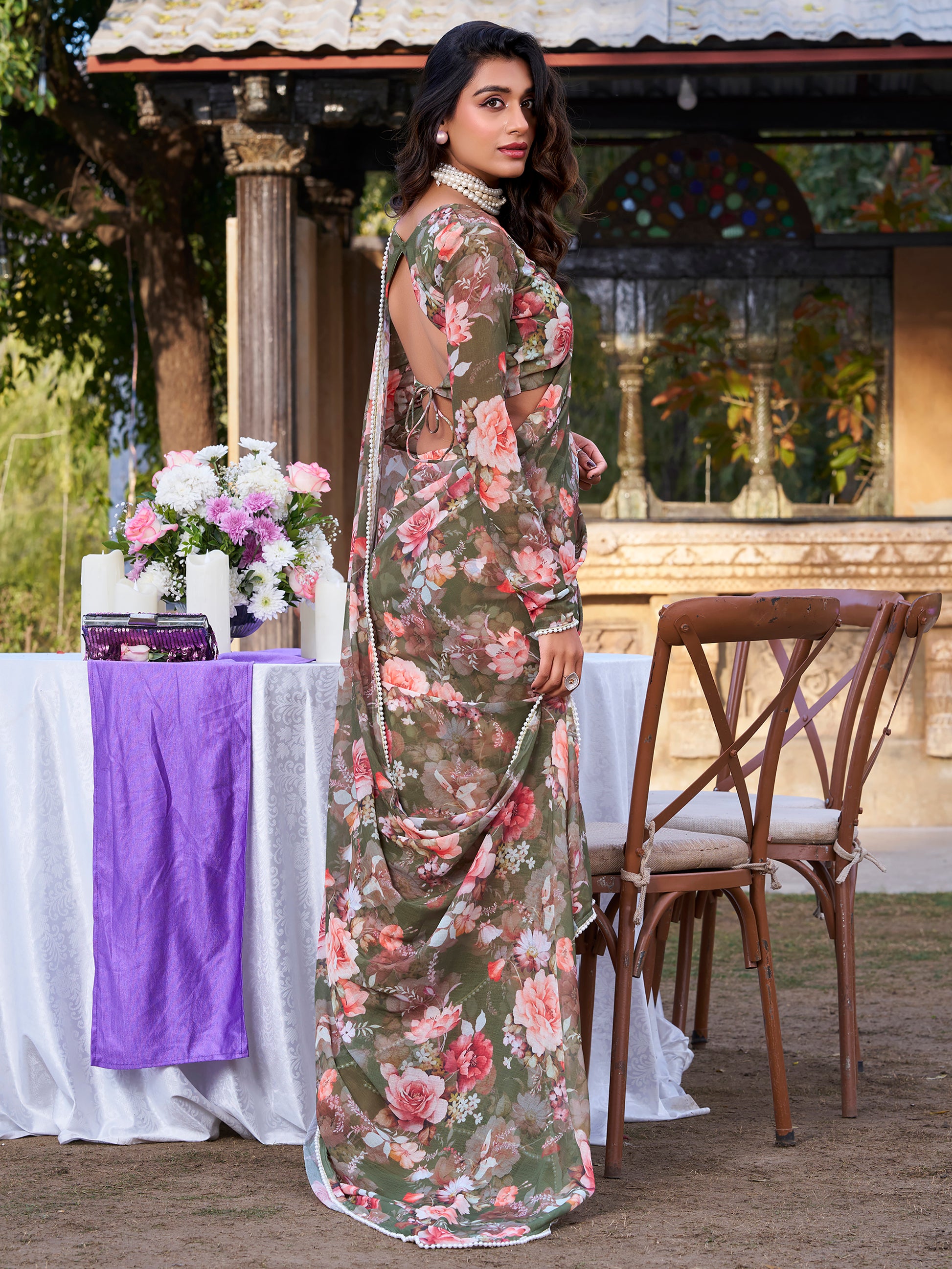 Captivating Olive Green Floral Printed Chiffon Event Wear Saree