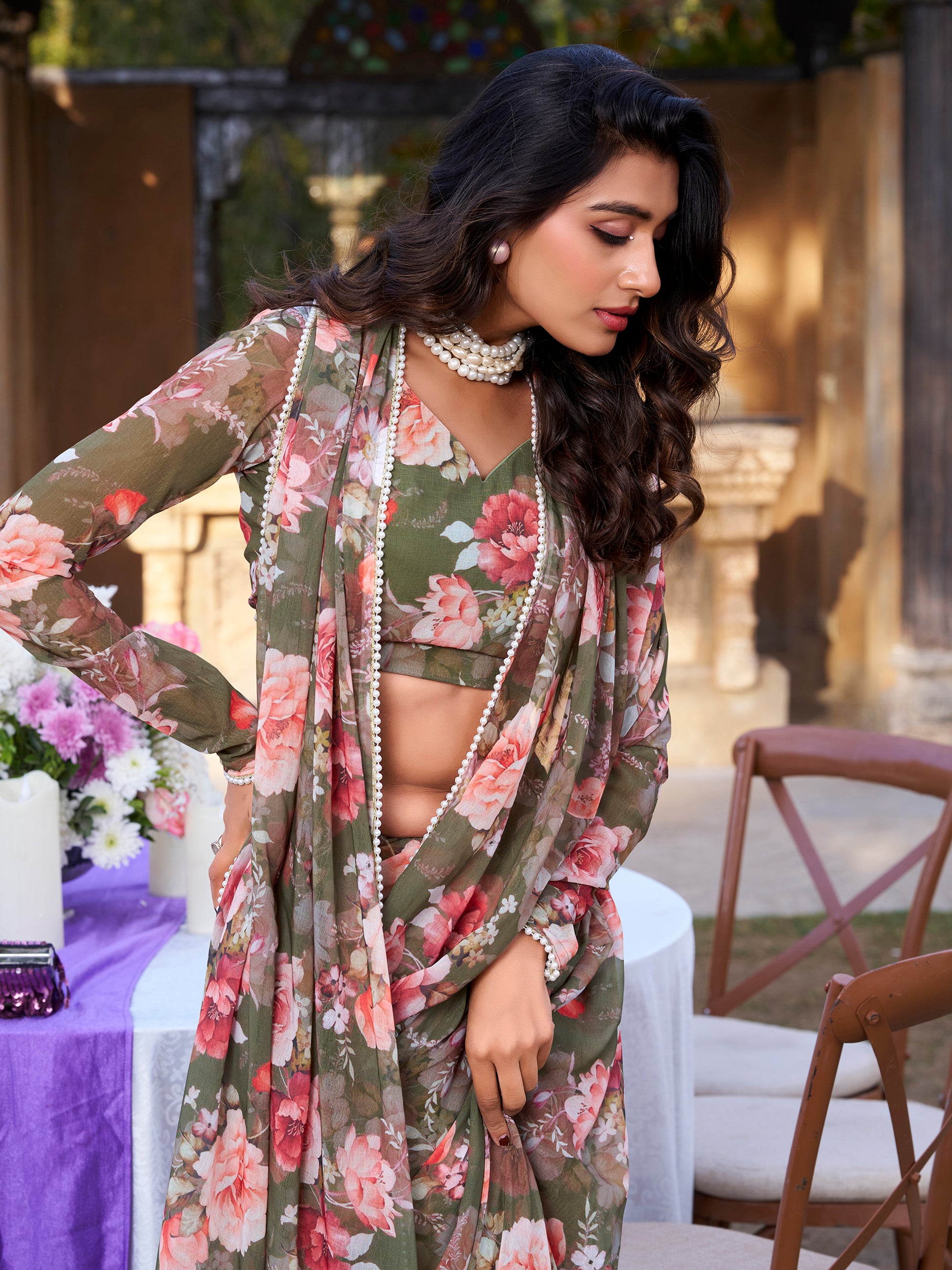 Captivating Olive Green Floral Printed Chiffon Event Wear Saree