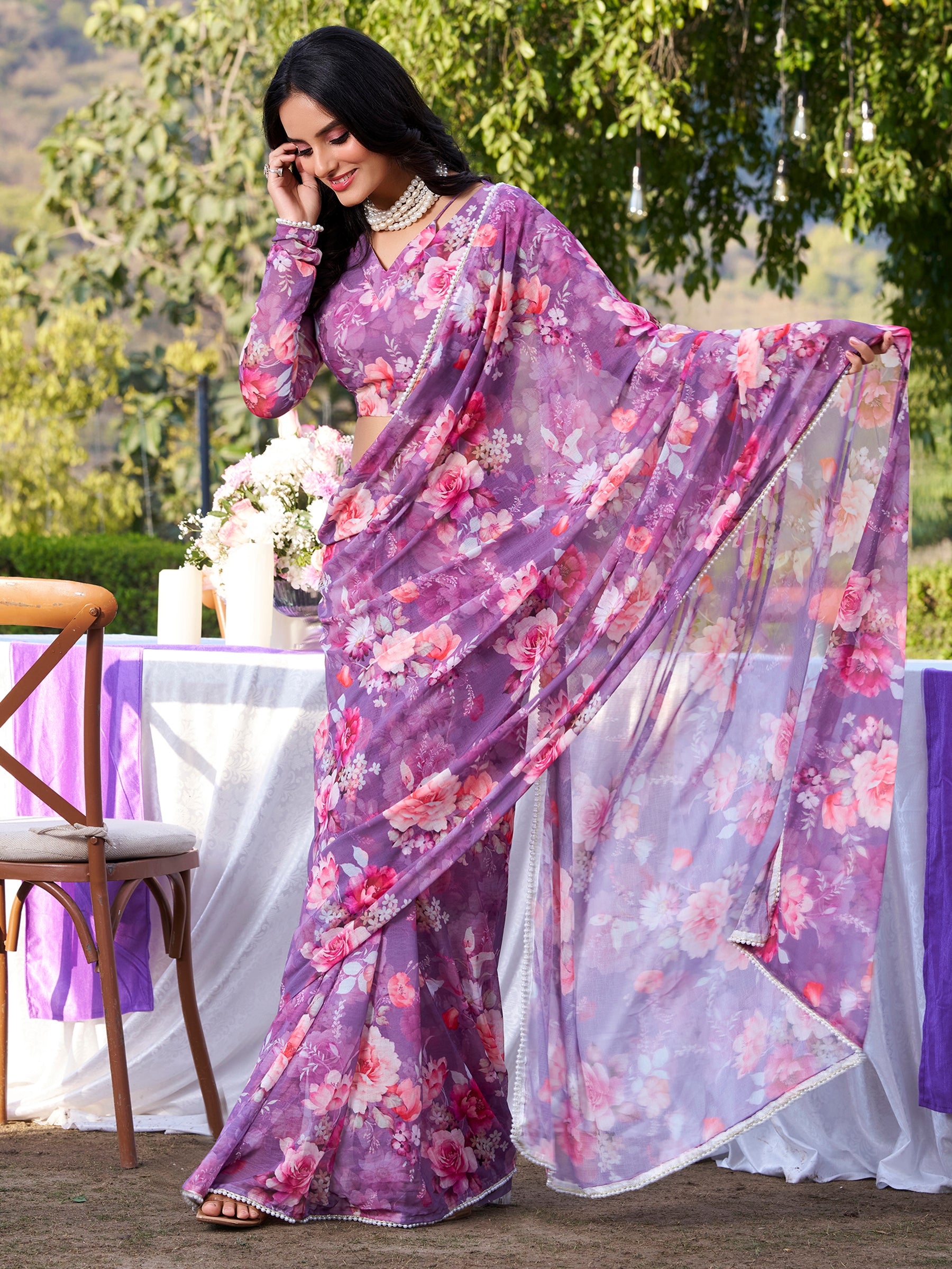 Enchanting Purple Floral Printed Chiffon Office Wear Saree With Blouse