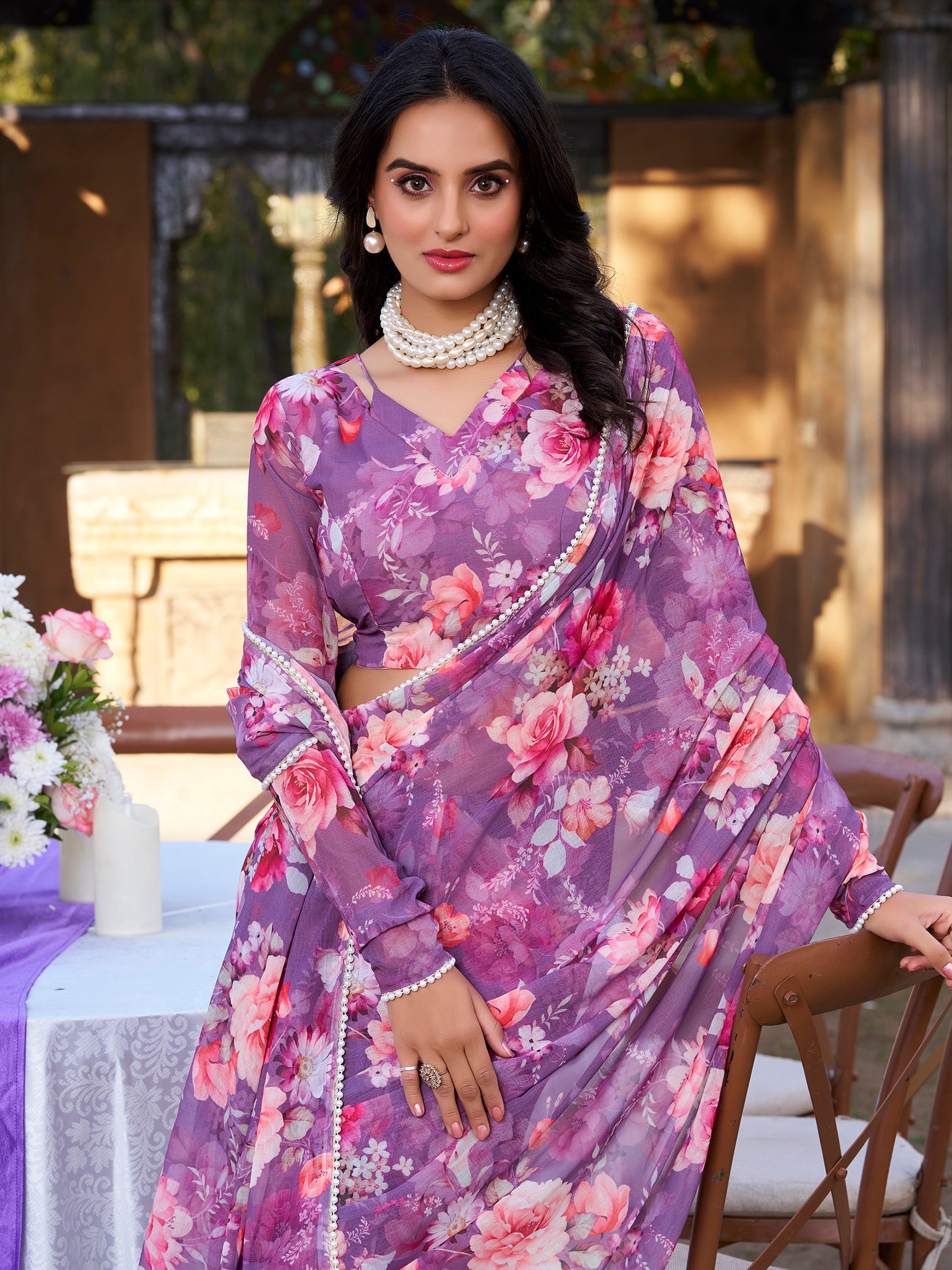 Enchanting Purple Floral Printed Chiffon Office Wear Saree With Blouse