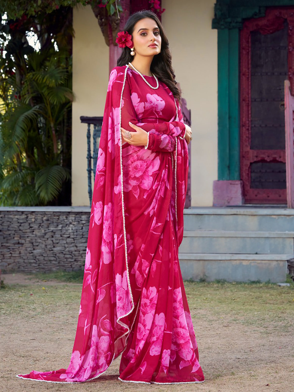 Wonderful Pink Floral Printed Chiffon Casual Wear Saree With Blouse