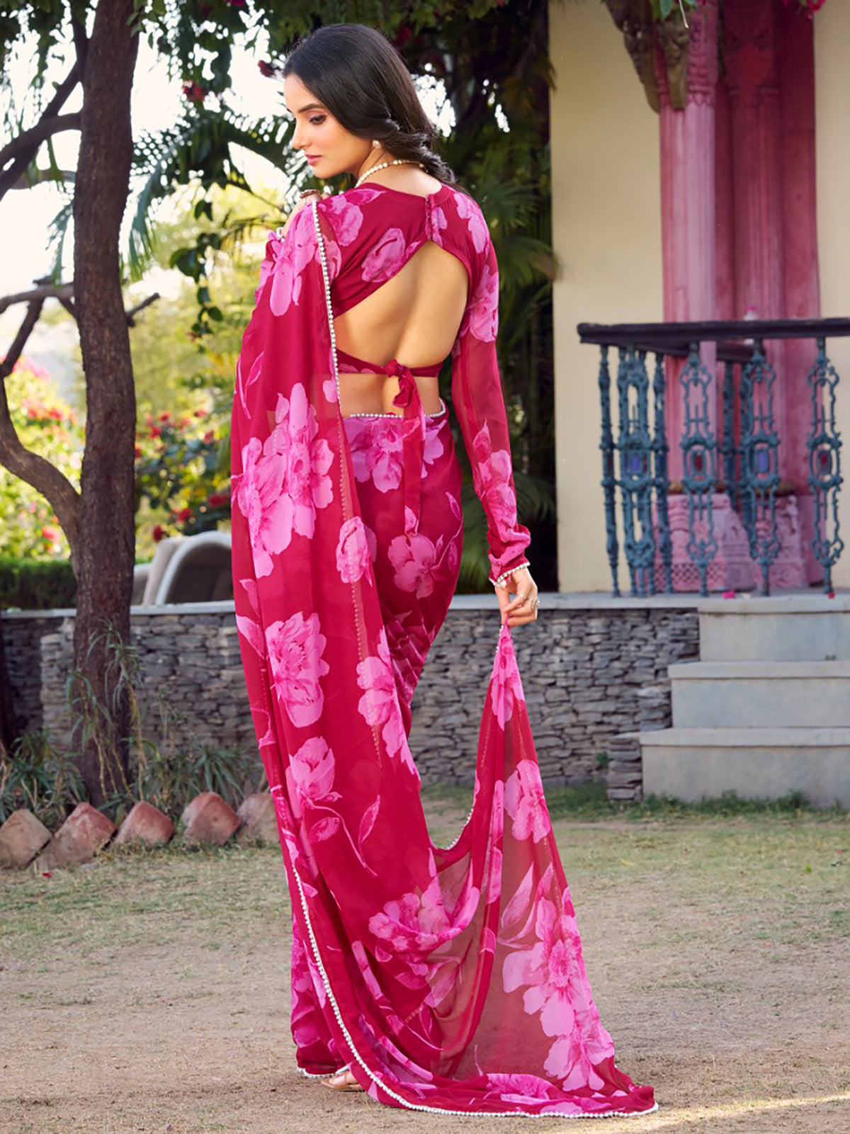 Wonderful Pink Floral Printed Chiffon Casual Wear Saree With Blouse
