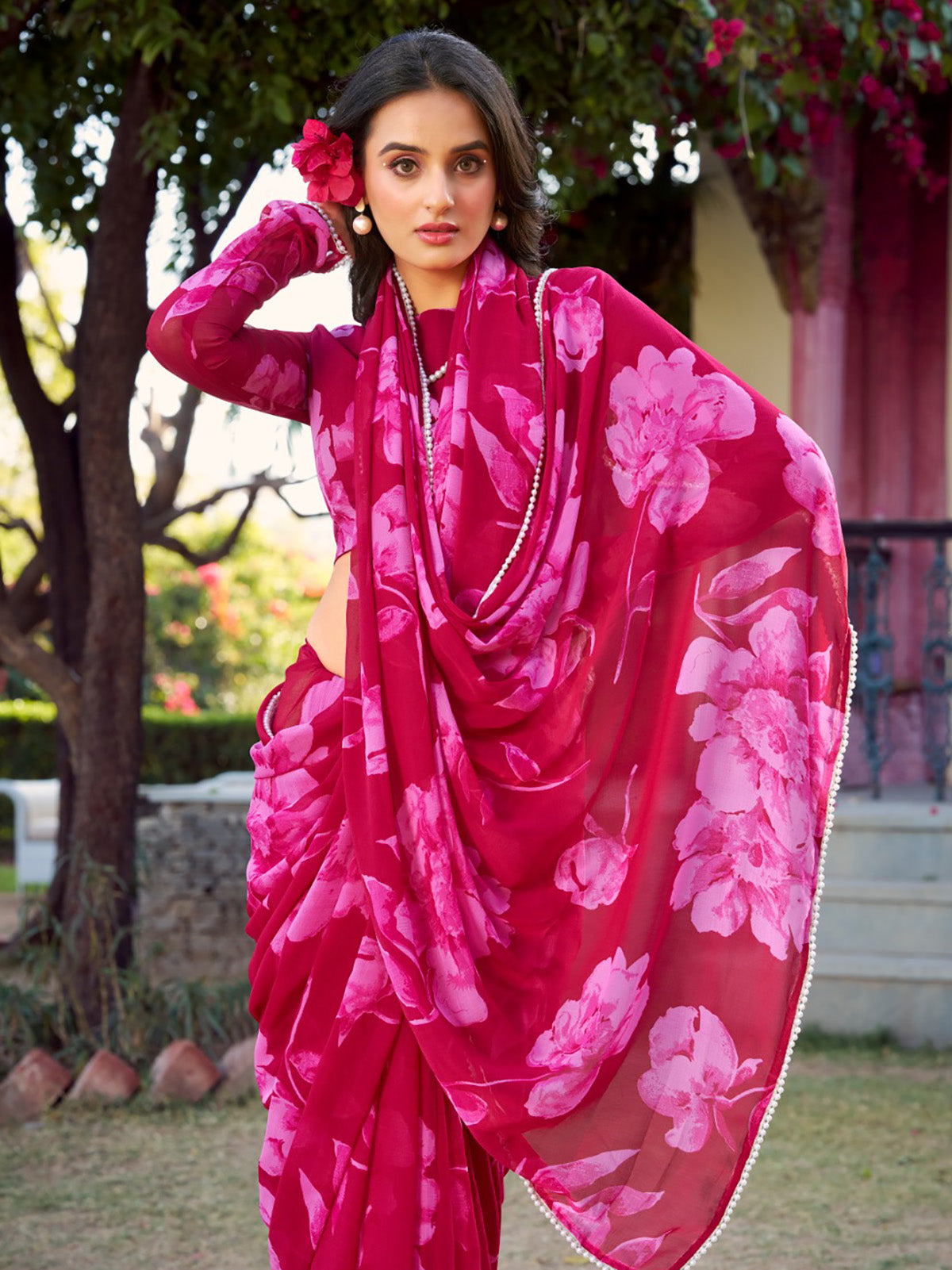 Wonderful Pink Floral Printed Chiffon Casual Wear Saree With Blouse