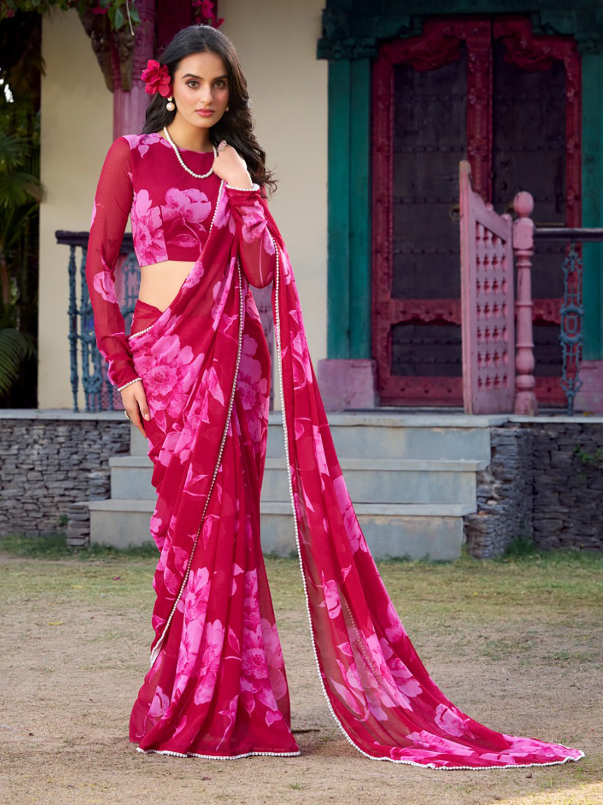 Wonderful Pink Floral Printed Chiffon Casual Wear Saree With Blouse