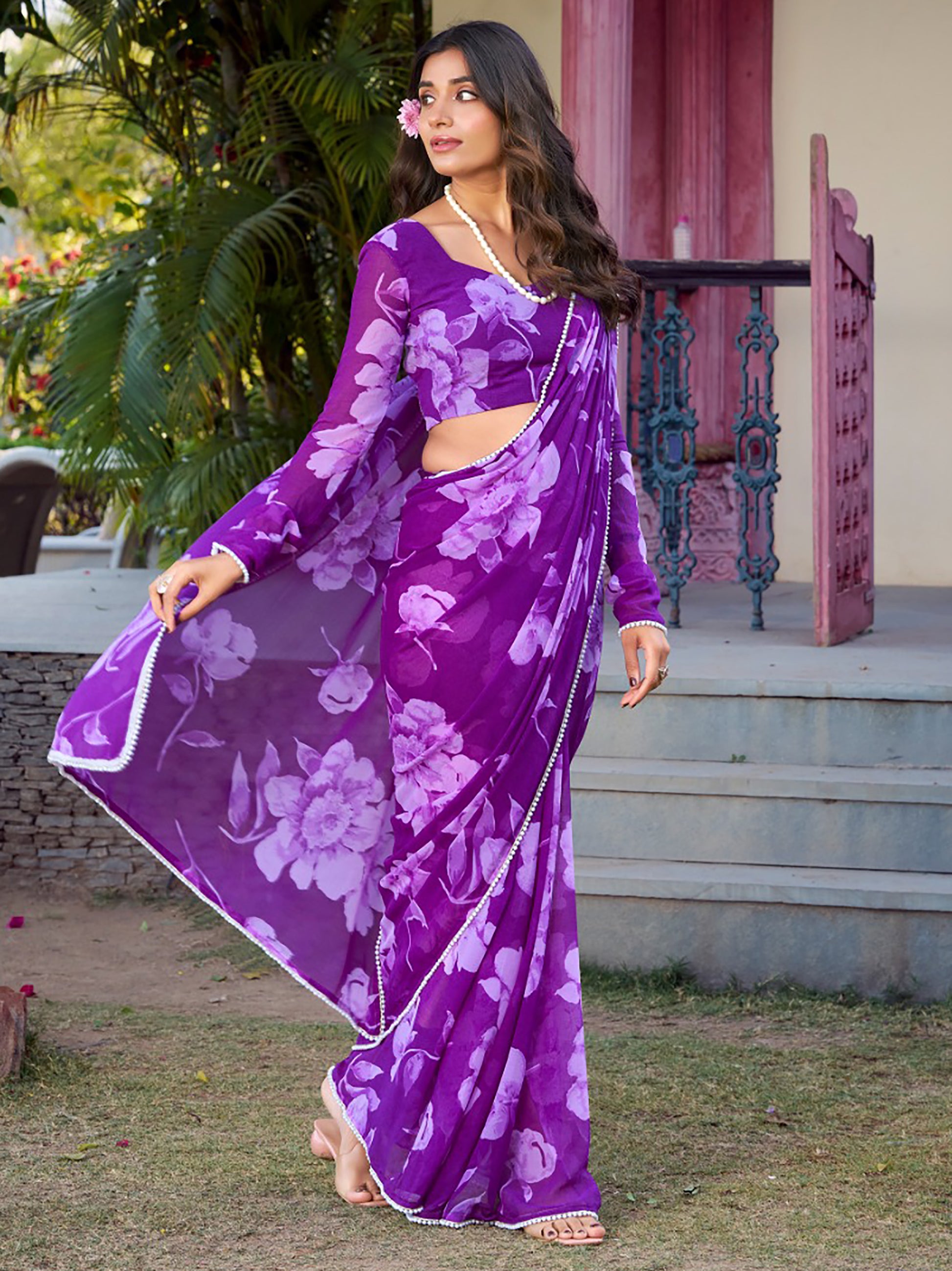 Stunning Purple Floral Printed Chiffon Office Wear Saree With Blouse
