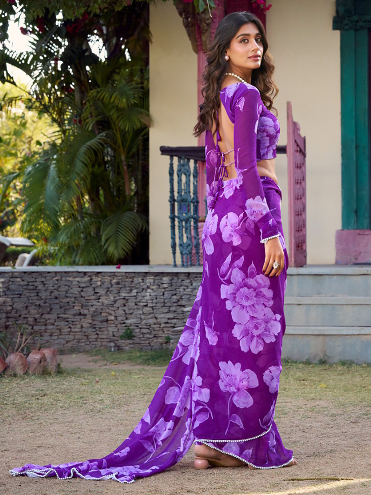 Stunning Purple Floral Printed Chiffon Office Wear Saree With Blouse