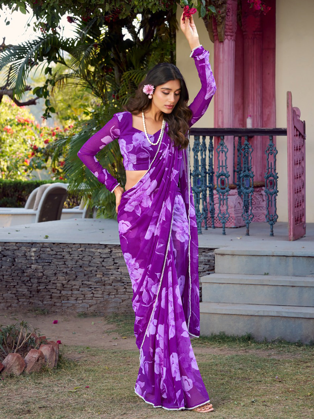 Stunning Purple Floral Printed Chiffon Office Wear Saree With Blouse
