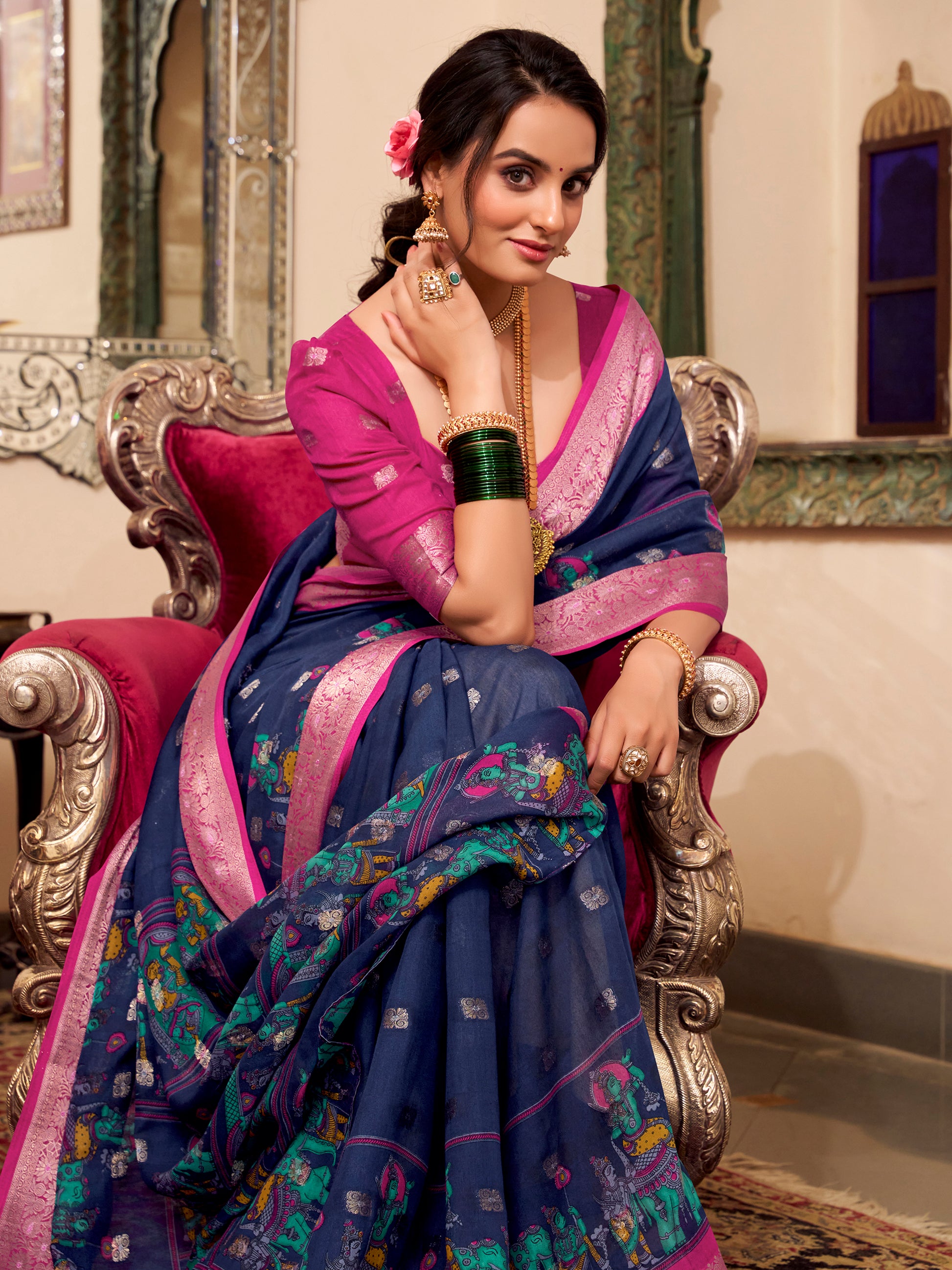 Wonderful Navy Blue Kalamkari Printed Cotton Casual Wear Saree