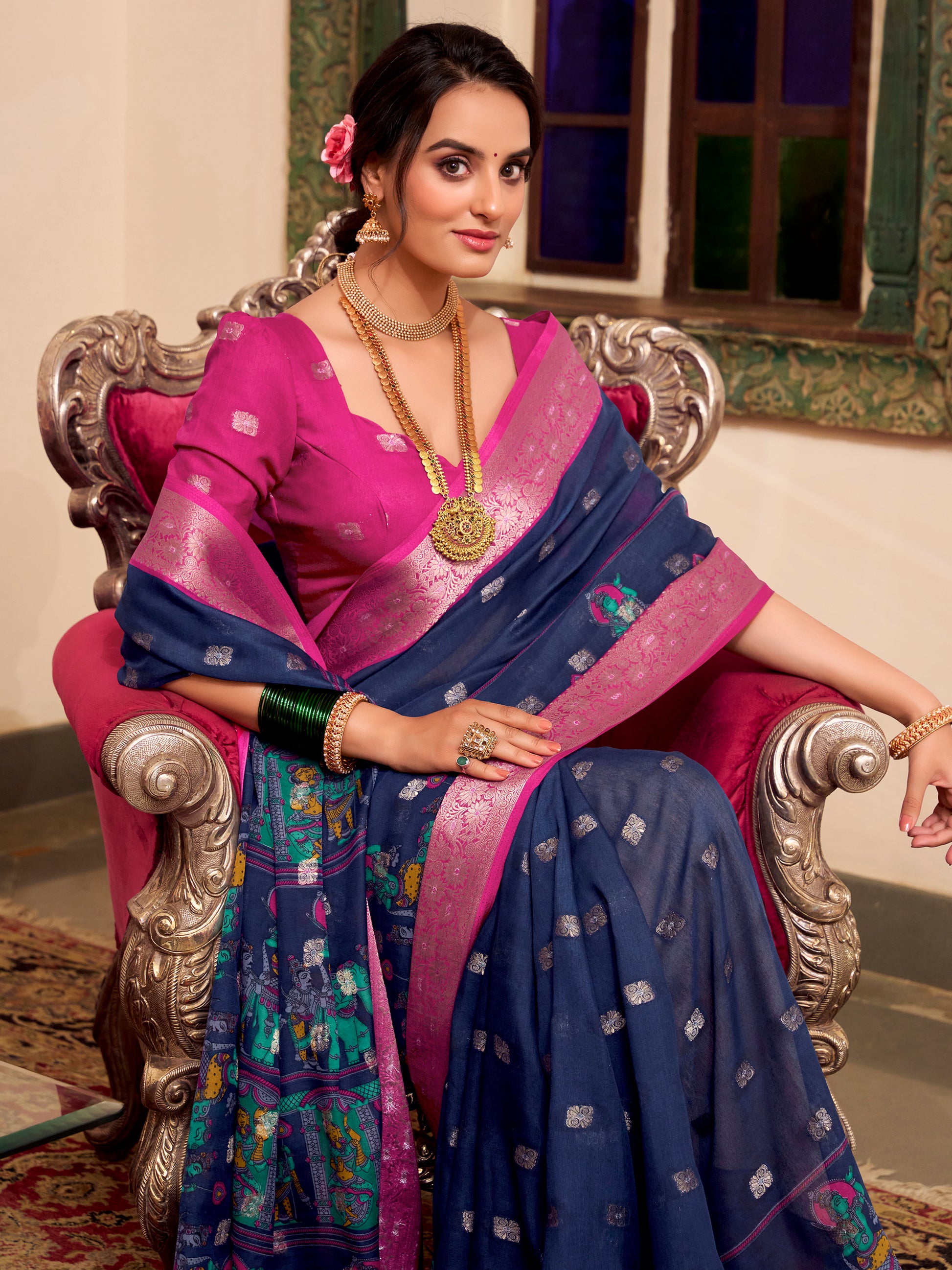 Wonderful Navy Blue Kalamkari Printed Cotton Casual Wear Saree