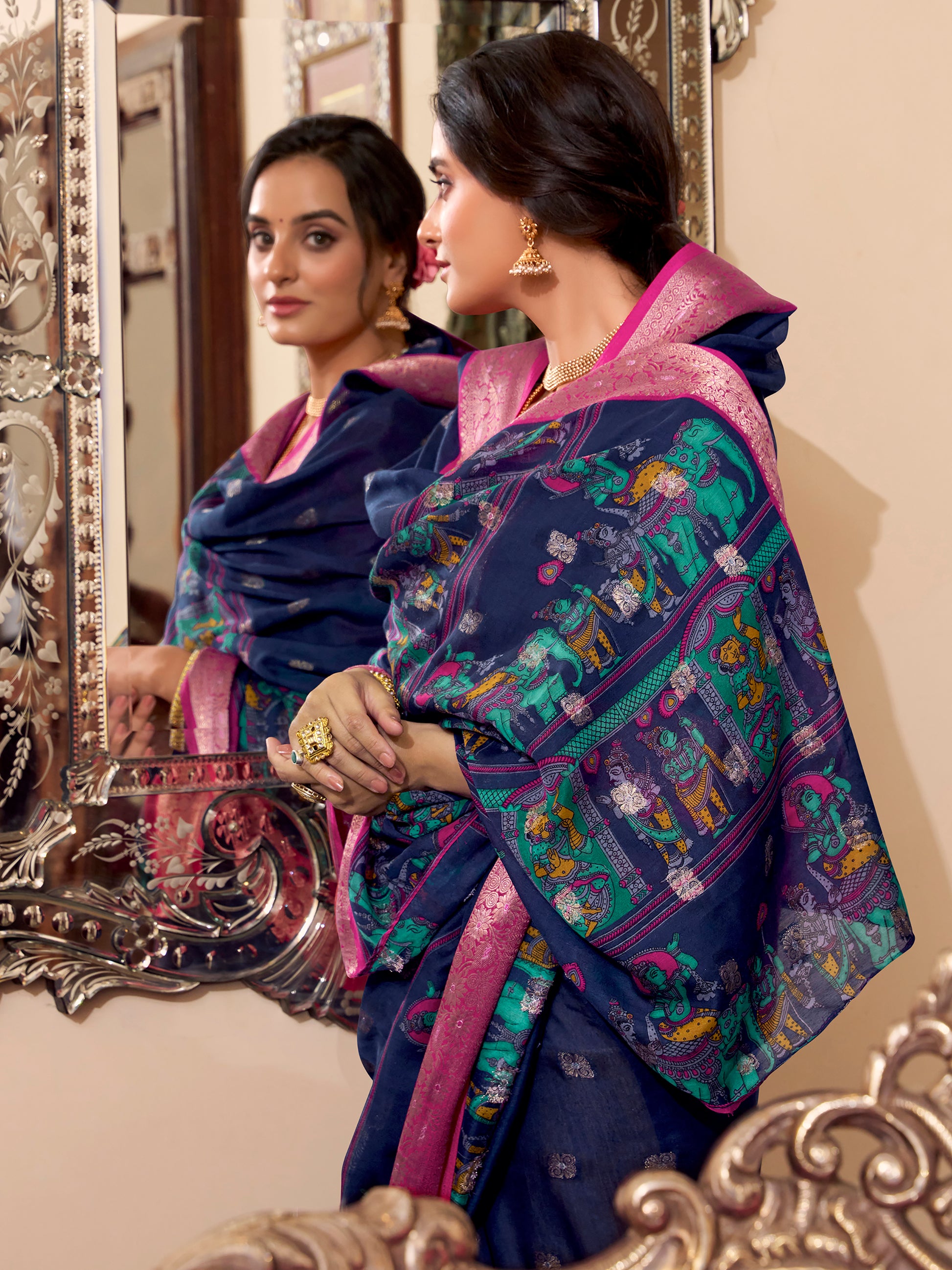 Wonderful Navy Blue Kalamkari Printed Cotton Casual Wear Saree