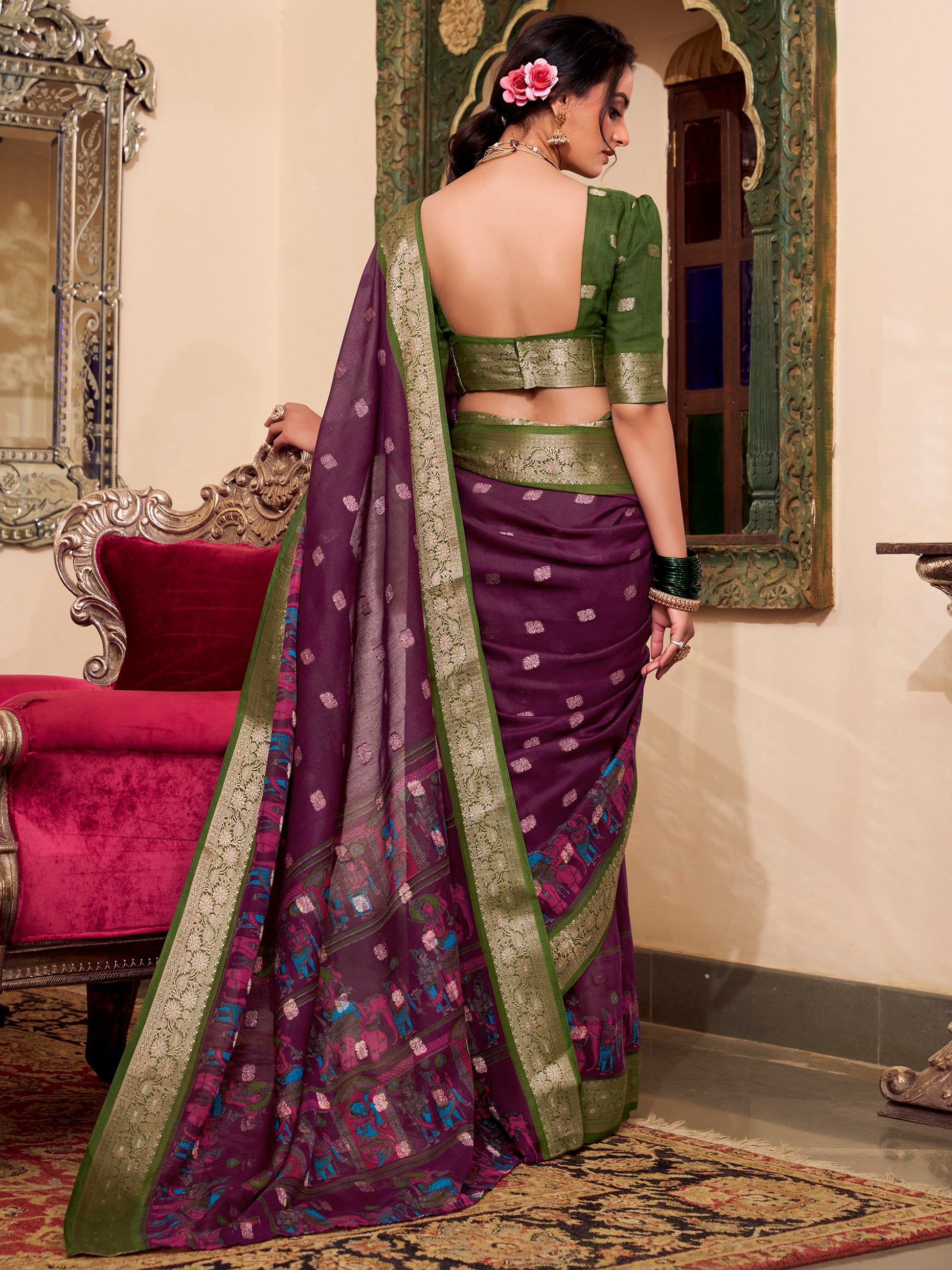 Beautiful Wine Kalamkari Printed Cotton Casual Wear Saree With Blouse