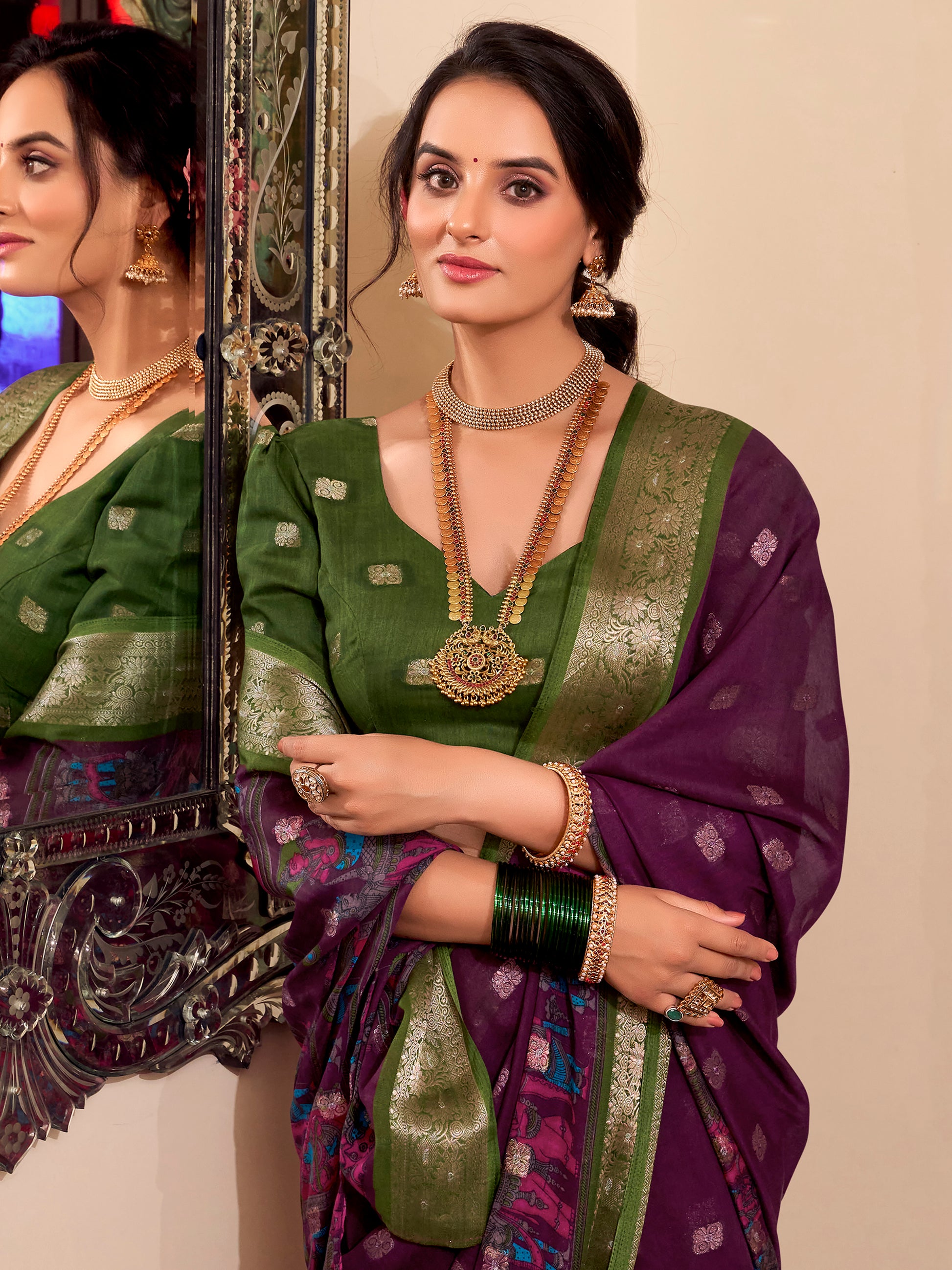 Beautiful Wine Kalamkari Printed Cotton Casual Wear Saree With Blouse
