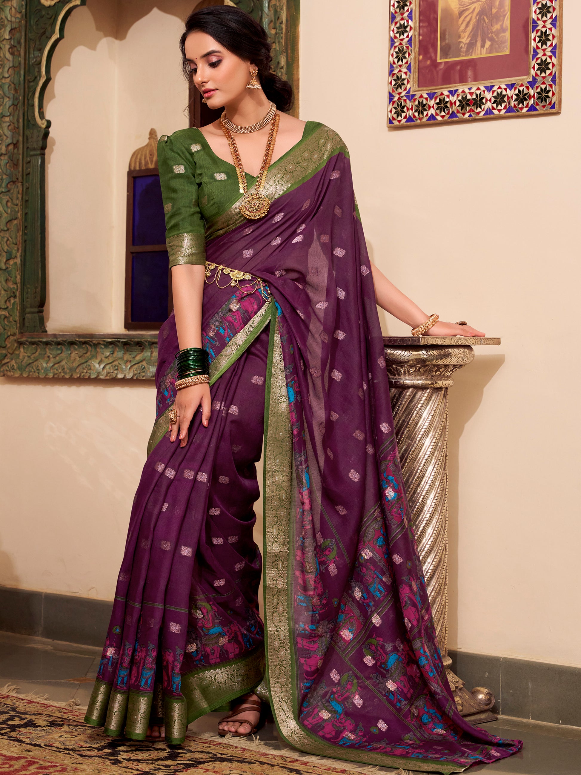 Beautiful Wine Kalamkari Printed Cotton Casual Wear Saree With Blouse