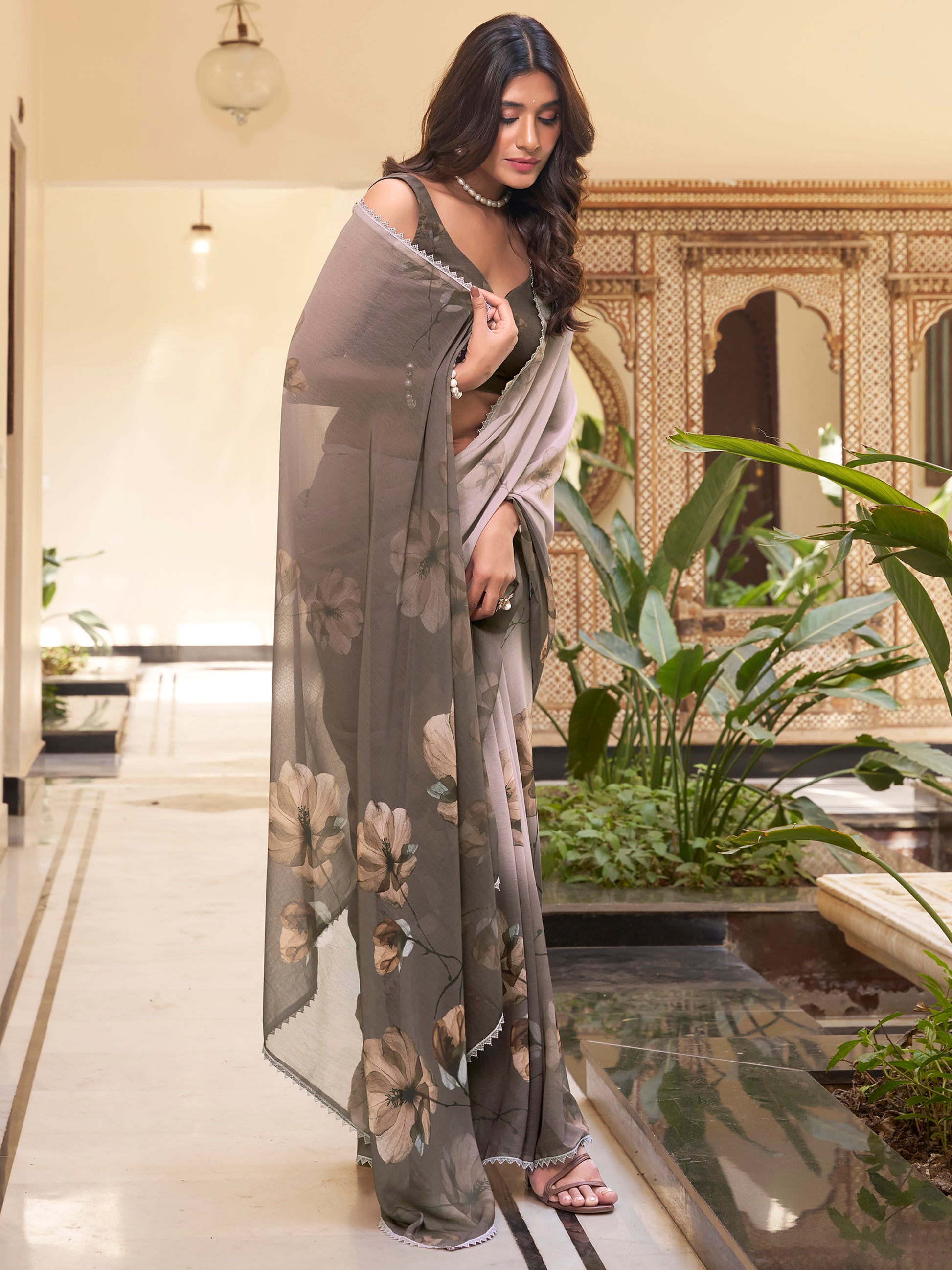 Stunning Dark Brown Floral Printed Chiffon Casual Wear Saree