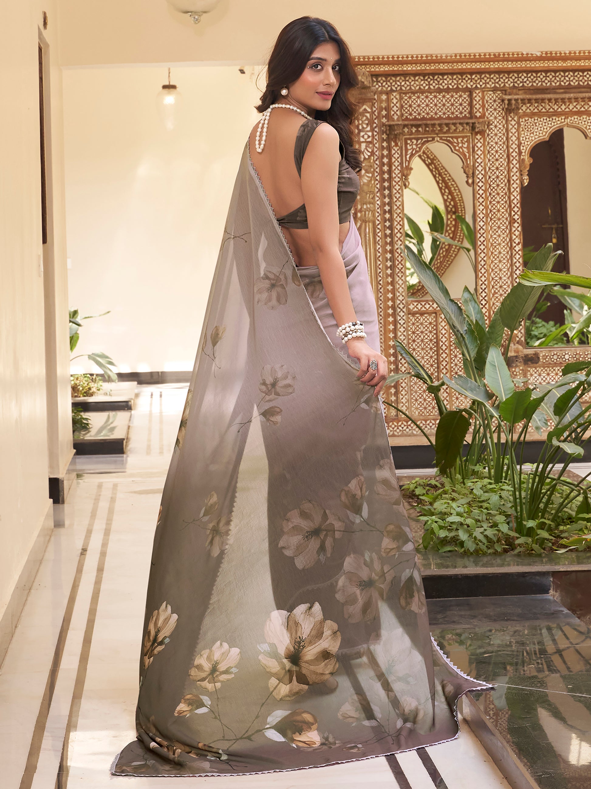 Stunning Dark Brown Floral Printed Chiffon Casual Wear Saree