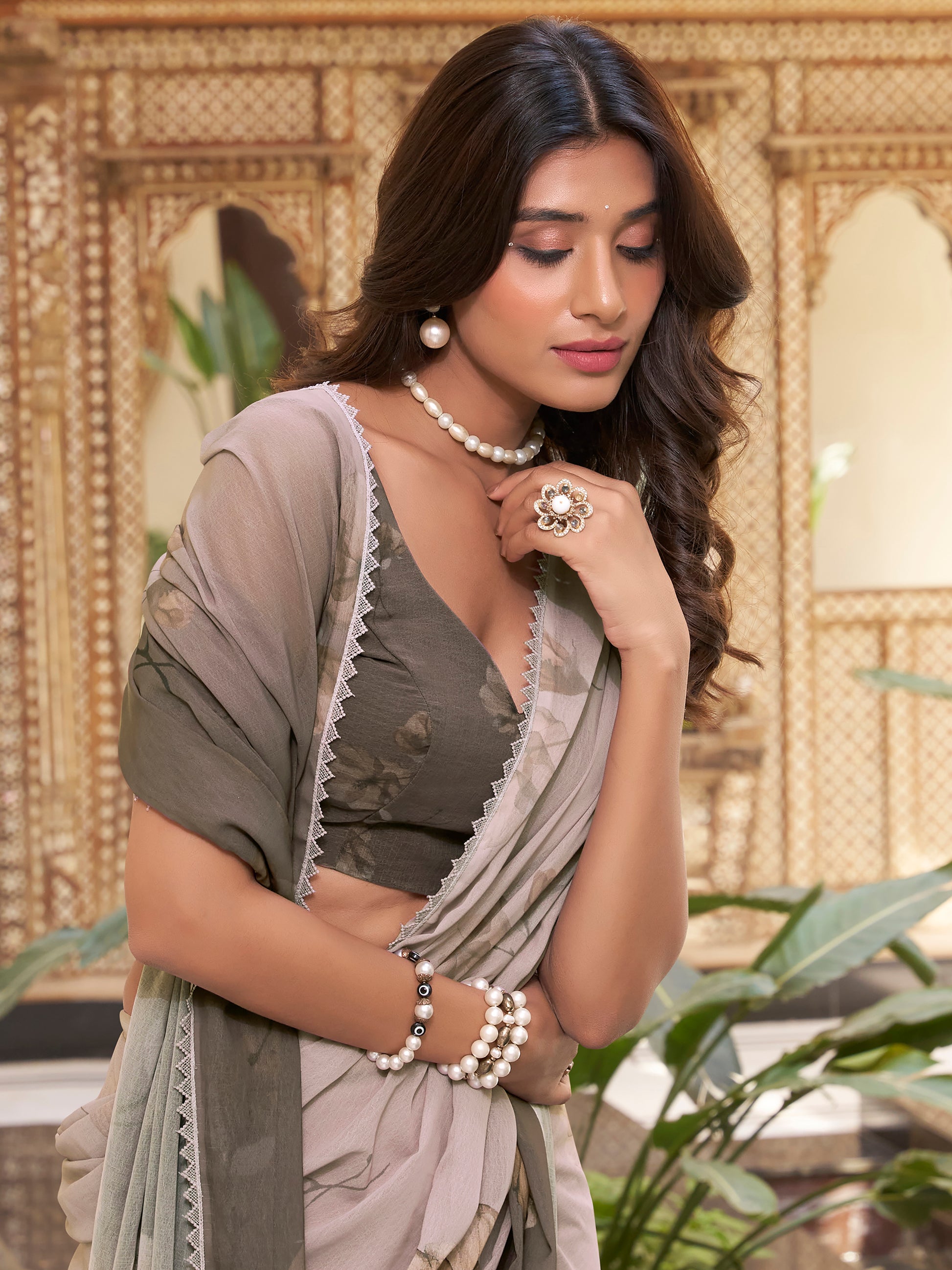 Stunning Dark Brown Floral Printed Chiffon Casual Wear Saree