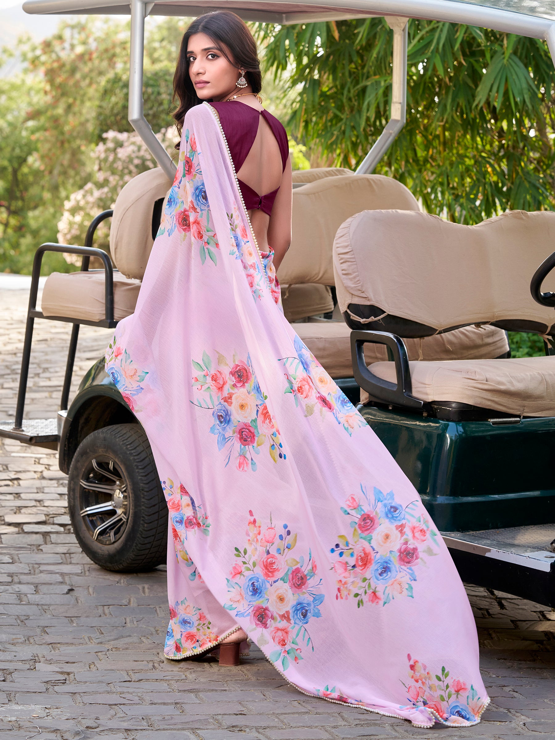 Gorgeous Light Pink Floral Printed Crepe Event Wear Saree With Blouse